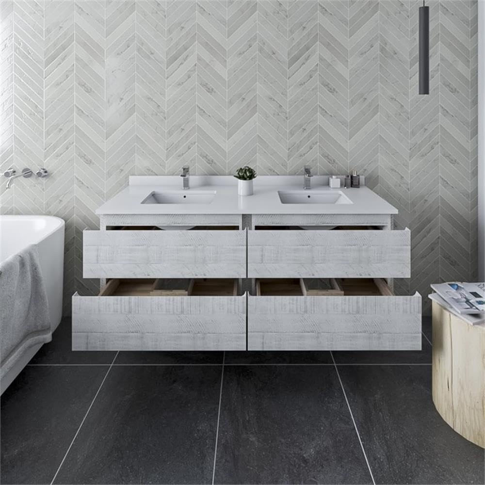 Fresca Stella 58 Inch Rustic White Wall Mounted Double Bathroom Vanity Cabinet - Perfect for Modern Farmhouse & Small Bathroom Storage Solutions