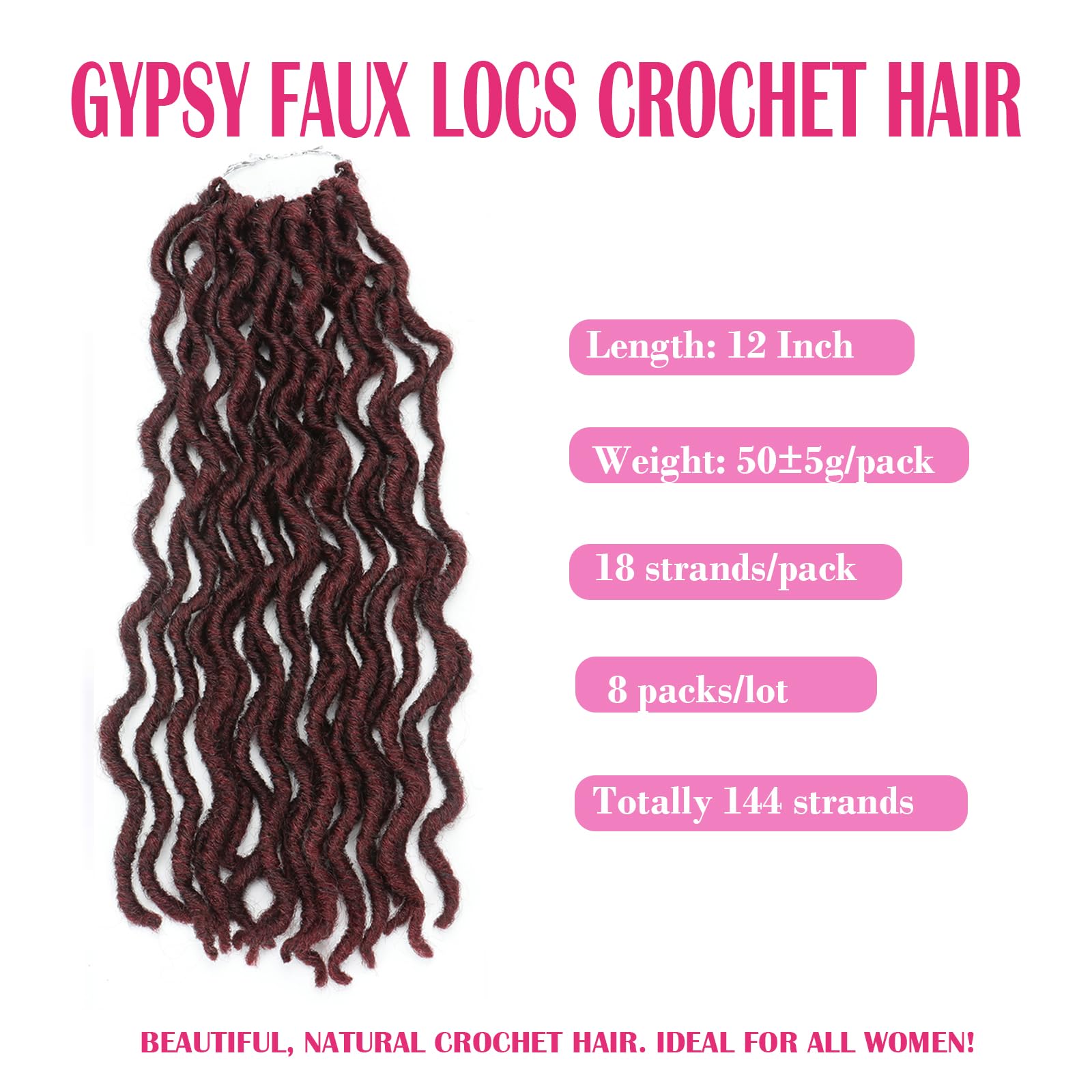 THEMIS HAIR 12 Inch Gypsy Locs Crochet Hair Extensions - 8 Bundles Goddess Wavy Faux Locs, Pre-Looped Synthetic Dreadlock Braiding Hair for Women (Color 99J) | Perfect for Boho Chic, Festival, and Protective Hairstyles