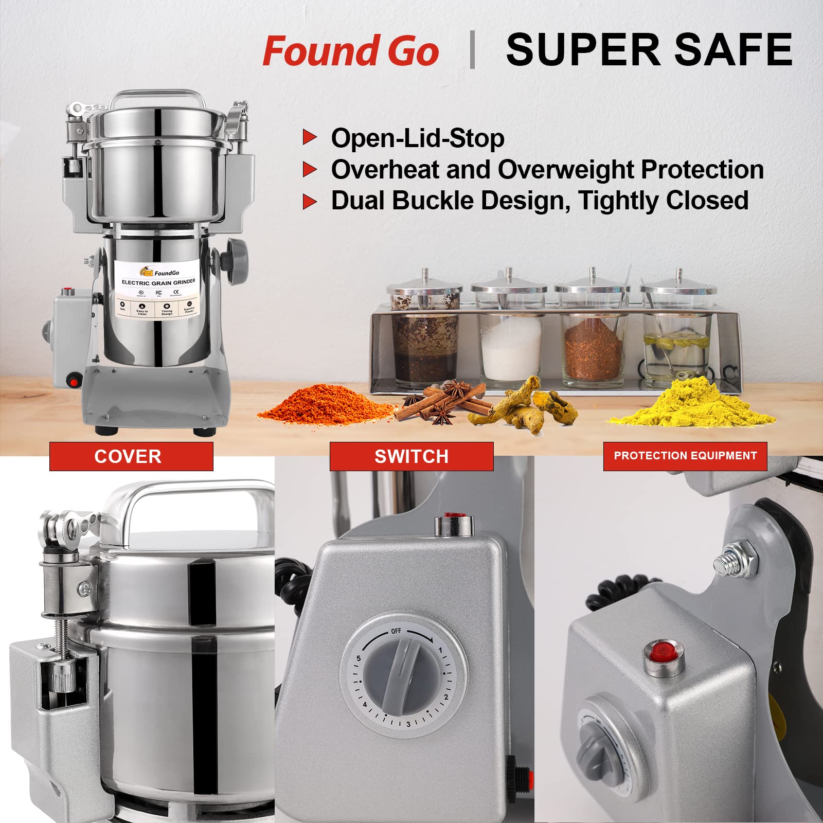 FoundGo 500g Electric Grain Mill Grinder - Commercial Grade Spice & Coffee Grinder for Dry Herbs, Seeds, Grains, Rice & Pepper - Perfect for Home Kitchens, Bakeries & Coffee Shops
