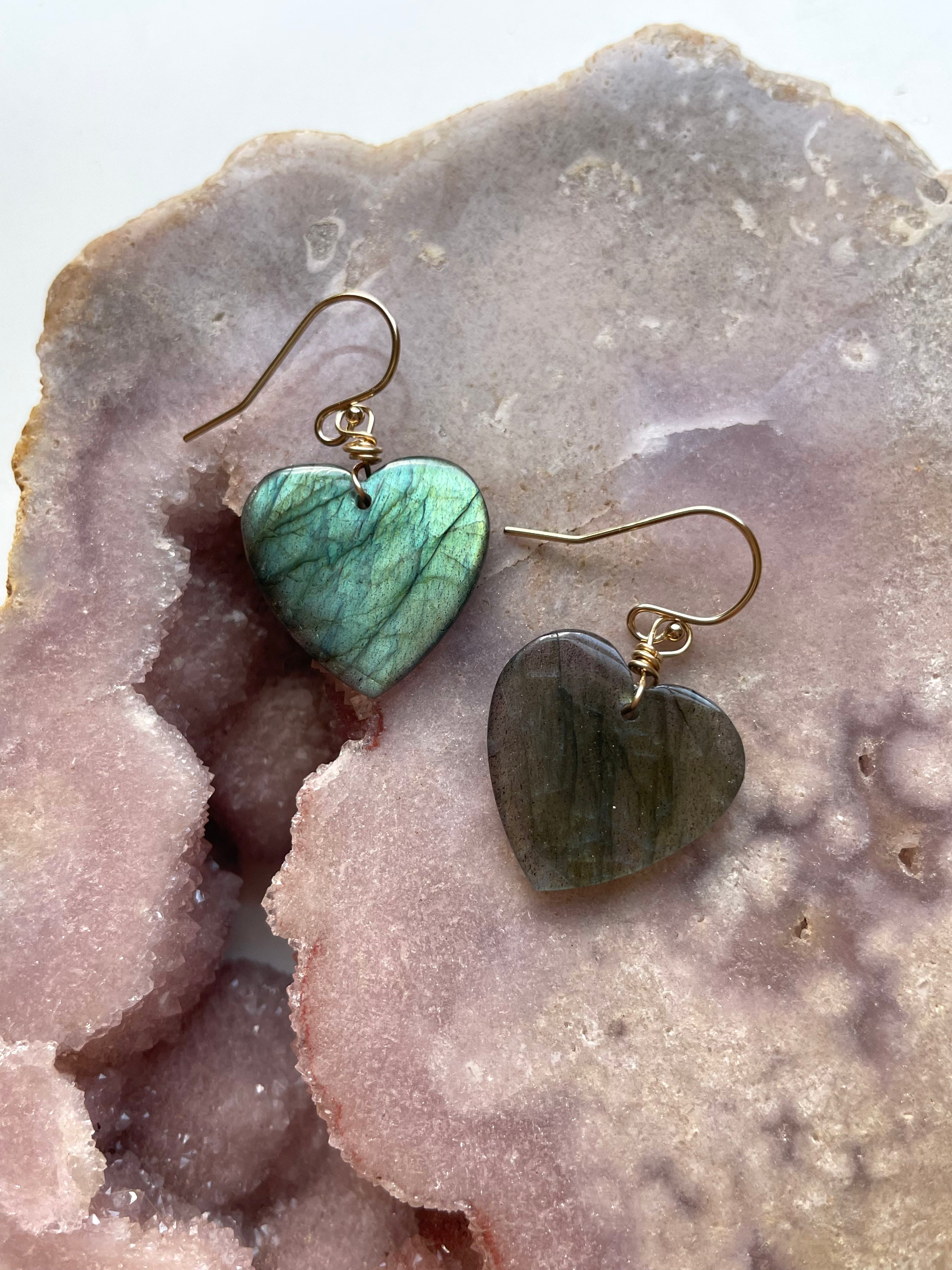 Gold Labradorite Heart Dangle Drop Crystal Earrings for Women - Elegant Gemstone Jewelry Gift for Birthday, Anniversary & Special Occasions
