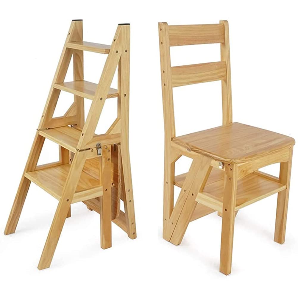 Foldable Wooden Step Stool - Portable Multifunctional Ladder Stool, Convertible Step Ladder Chair for Home Library, Kitchen, Bathroom - Max 4 Steps