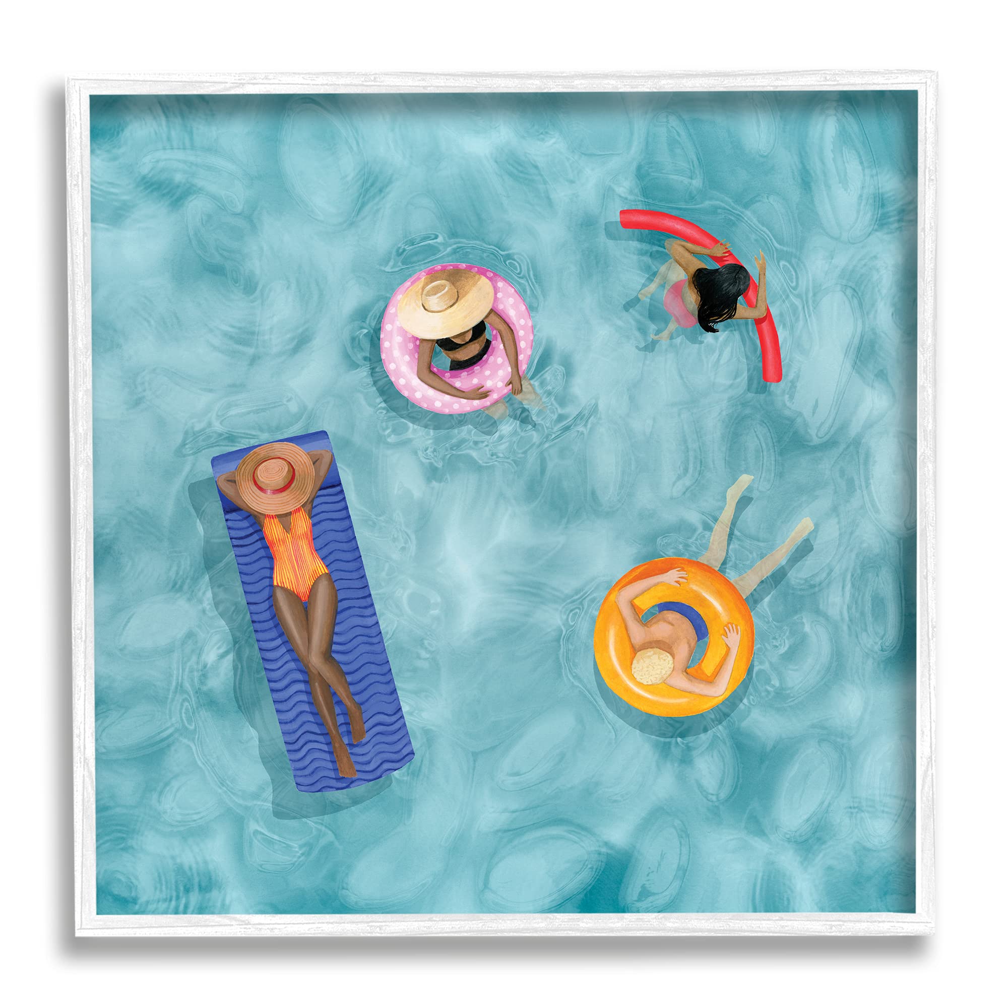 Stupell Industries Group of People Lounging in Water Pool Toys Wall Art, 17 x 17, White Framed - Perfect for Beach House, Poolside, and Summer Decor