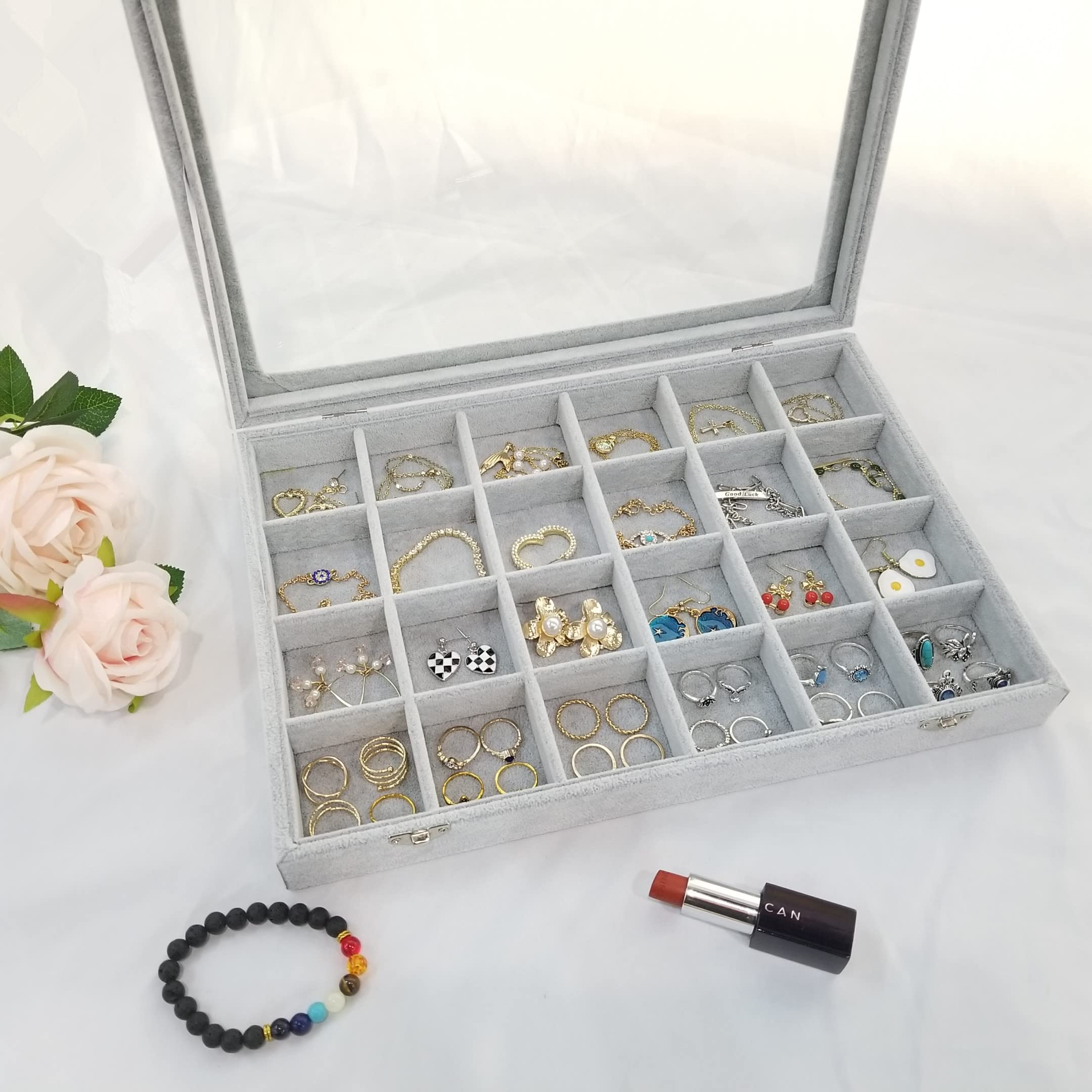 24 Grids Removable Jewelry Organizer Box with Ice Velvet & Clear Lid - Display Case for Earrings, Rings, Bracelets (Grey) | Perfect for Travel, Vanity & Gift Storage