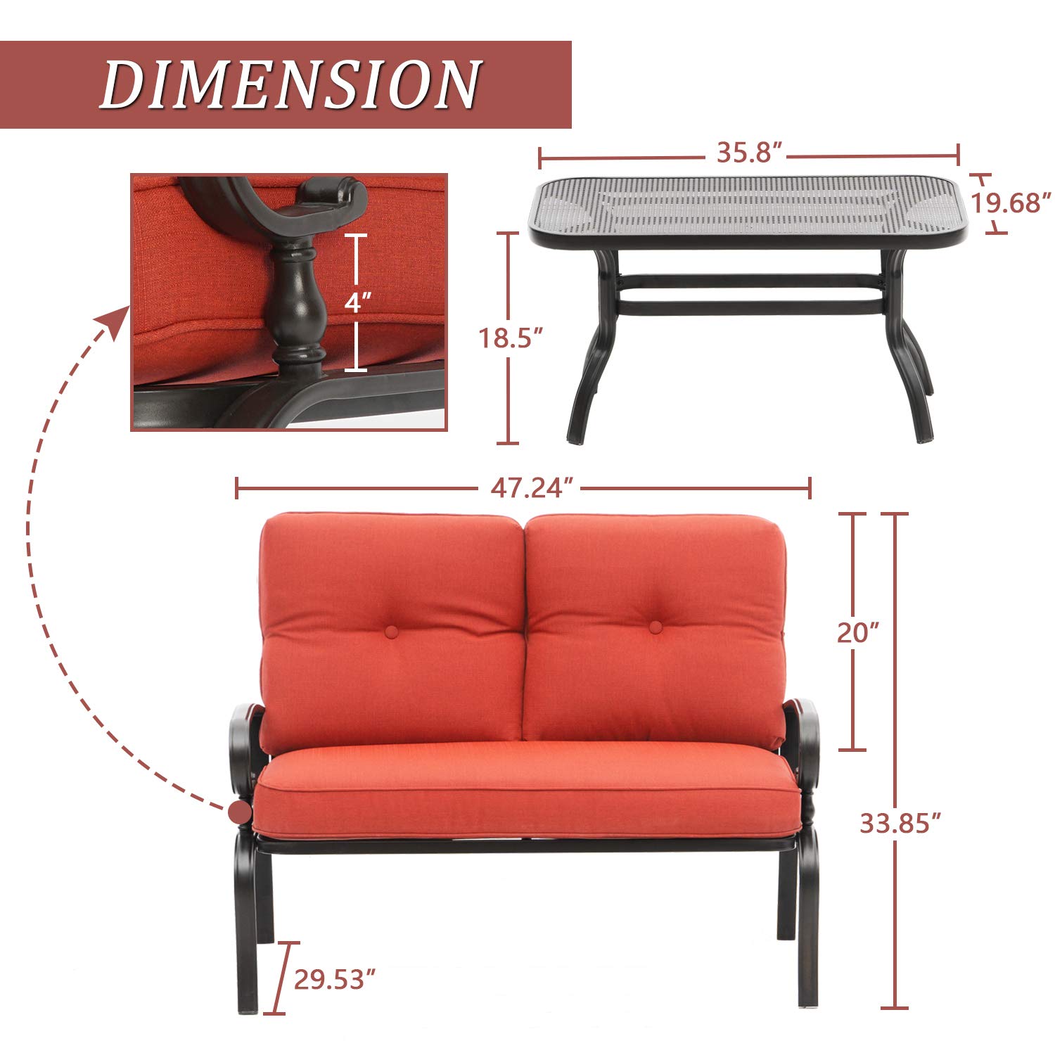 2-Piece Outdoor Patio Loveseat Set with Coffee Table - Wrought Iron Garden Bench with Red Cushion for Backyard, Porch, Balcony | Perfect for Relaxing, Entertaining & Outdoor Dining