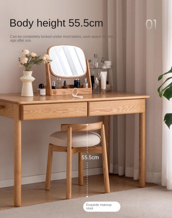 Modern Oak Solid Wood Rotating Makeup Stool with Soft Cushion - Perfect for Vanity, Dressing Room & Bedroom Decor