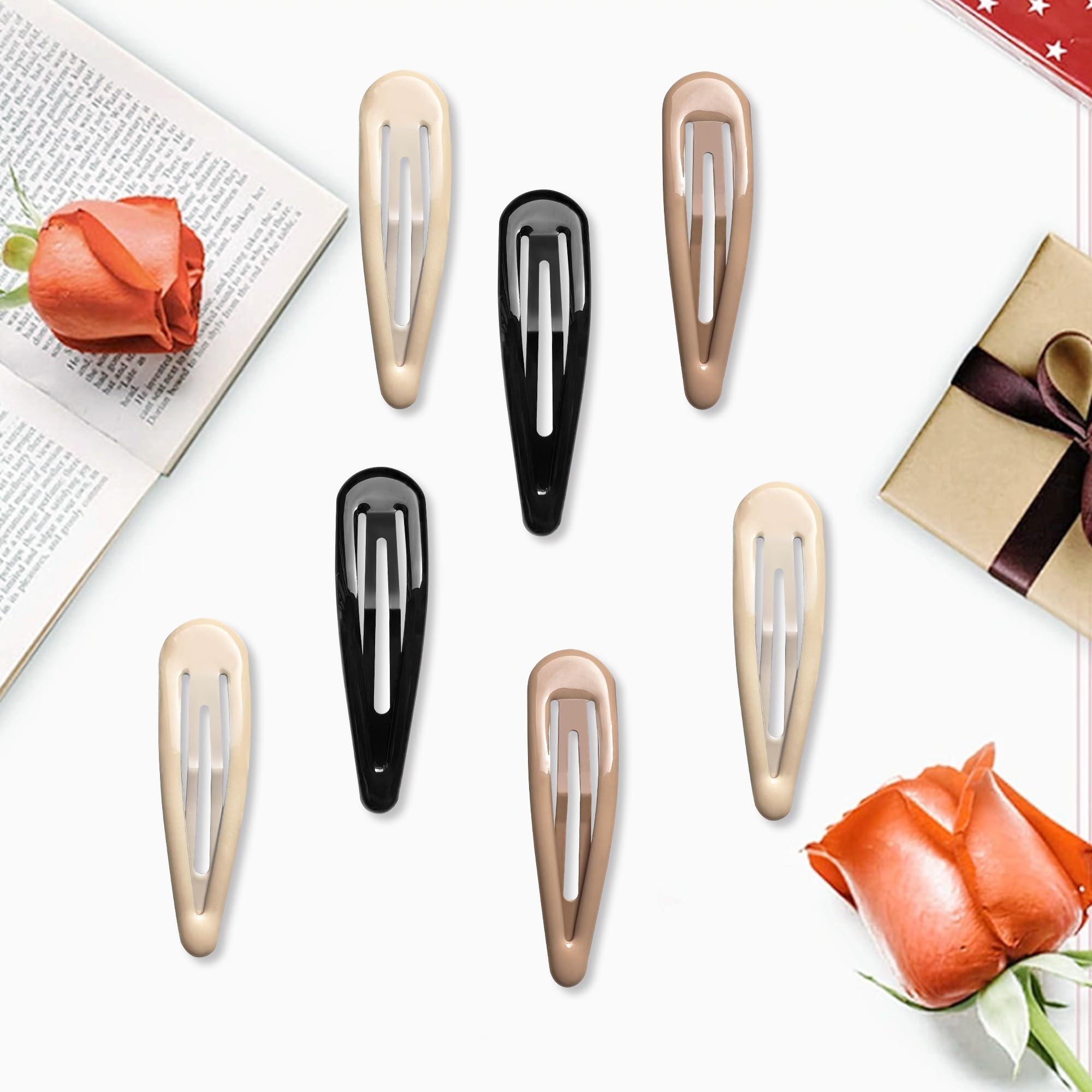 Premium Metal Snap Hair Clips - No Slip Water Drop Hair Barrettes for Women (Black, Brown, Beige) - 12 PCS Set for Thick & Thin Hair (2.67 x 0.7 Inches) - Perfect for Work, Weddings & Everyday Styling