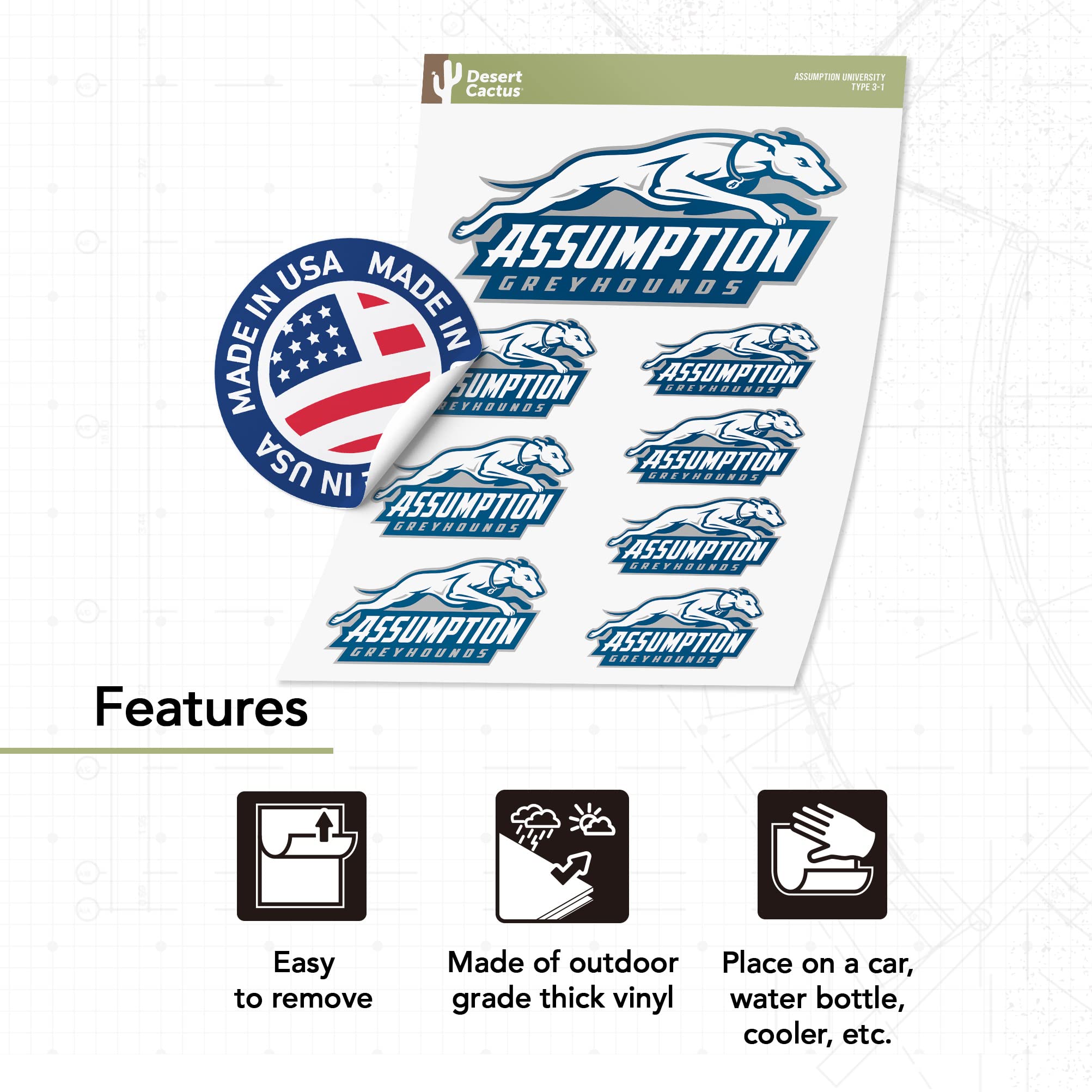 Desert Cactus Assumption University Greyhounds Vinyl Decals - Waterproof Laptop Stickers, Car Decals, Water Bottle & Scrapbook Decor - Perfect for College Students, Dorm Room & School Spirit Accessories