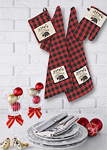 Winter Bear Christmas Kitchen Towel and Pot Holder Set - Red Black Check Plaid with Beary Christmas Patch | Holiday Kitchen Decor & Gift for Home Cooks