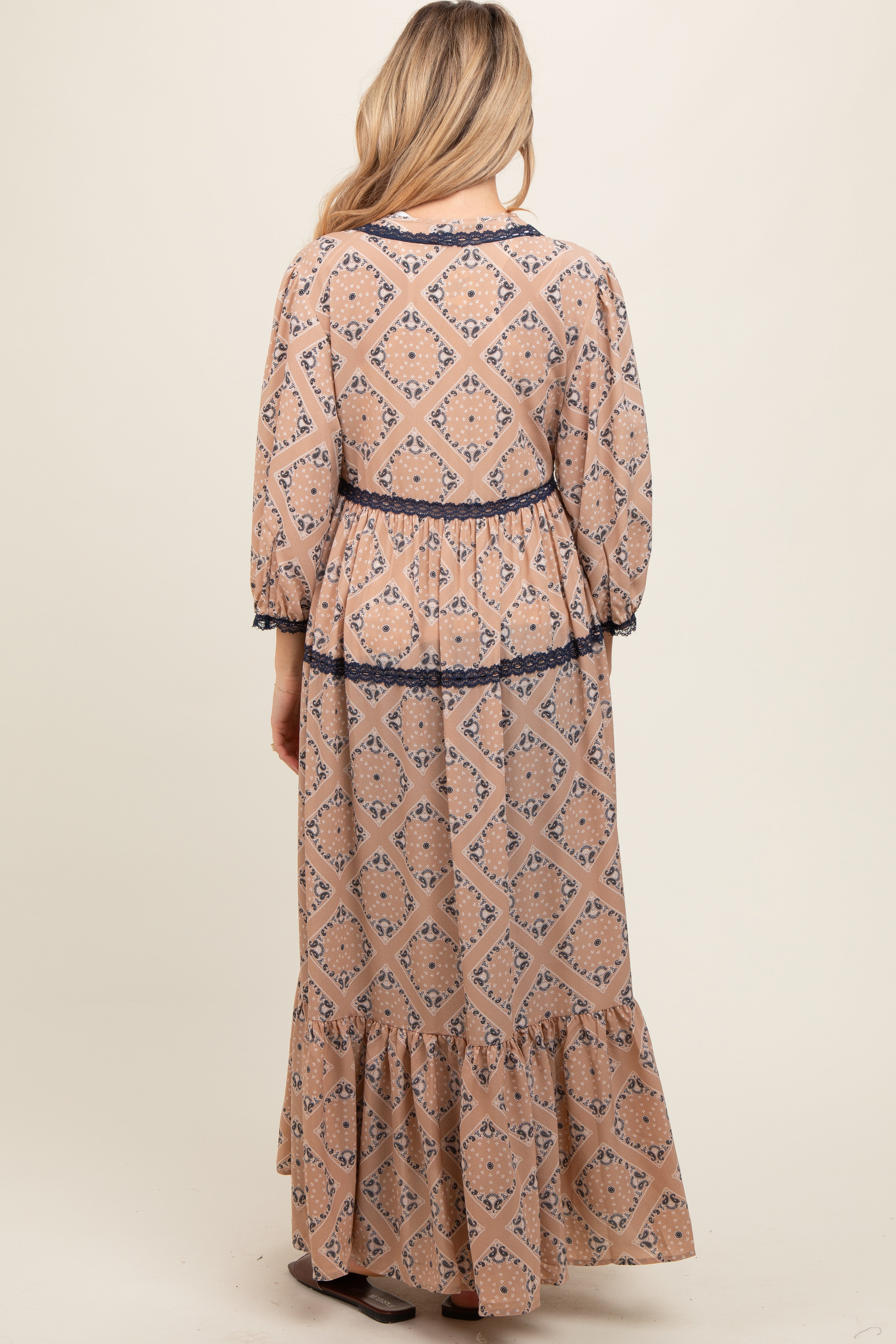 Beige Printed Tie Front Kimono Maternity Dress - Flowy Pregnancy Outfit for Women | Perfect for Baby Showers, Maternity Photos & Summer Vacations