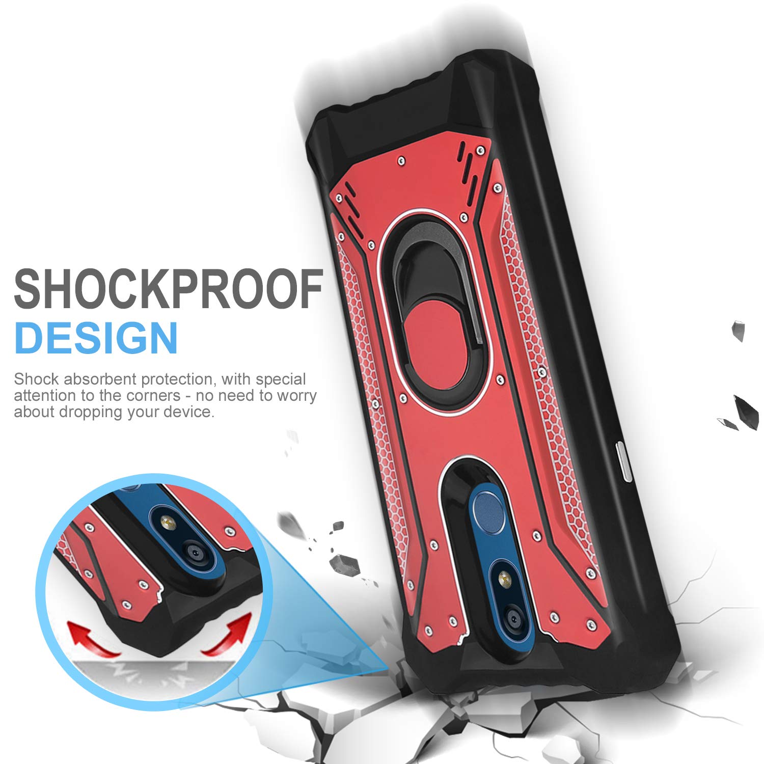 Premium Magnetic Phone Case for LG K40/K12 Plus/X4/Solo LTE/Harmony 3/Xpression Plus 2 - Shockproof Protective Cover with Tempered Glass Screen Protector & Aluminum Ring - Built-in Metal Plate for Car Mount (Red) - Perfect for Driving, Work & Outdoor Activities