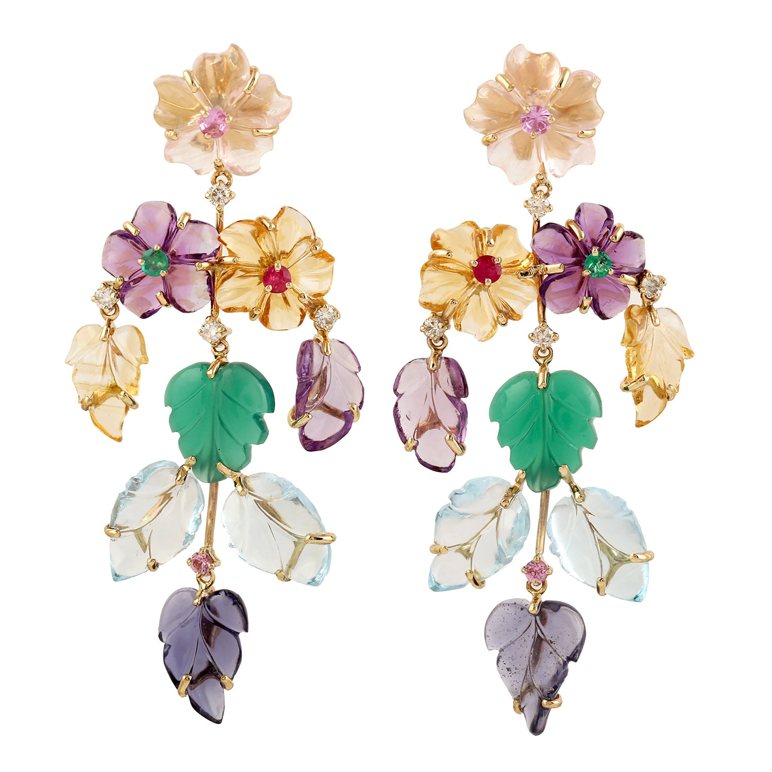 14K Yellow Gold Handcarved Leaf & Flower Multi-Gemstone Dangle Earrings – Elegant Fine Jewelry for Women, Perfect for Weddings, Parties & Special Occasions