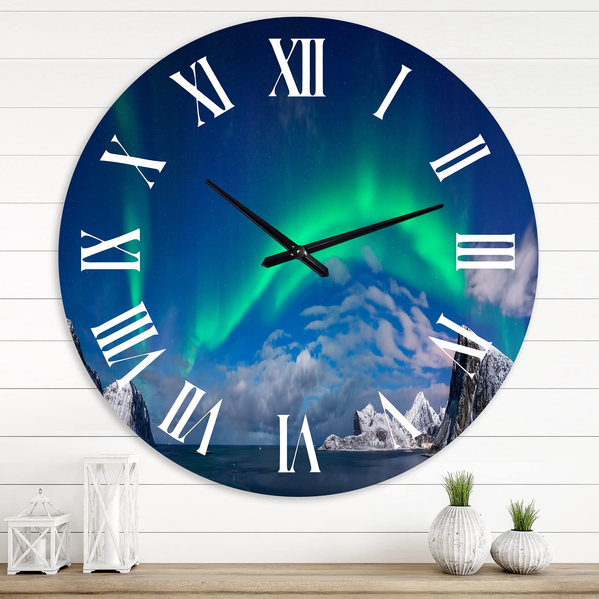DesignQ Traditional Wall Clock 'Aurora Borealis Above Flaget Bay' - Large 16 Inch Silent Non-Ticking Wall Clock for Home, Office, Living Room & Bedroom Decor - Perfect for Rustic, Farmhouse & Vintage Style Interiors