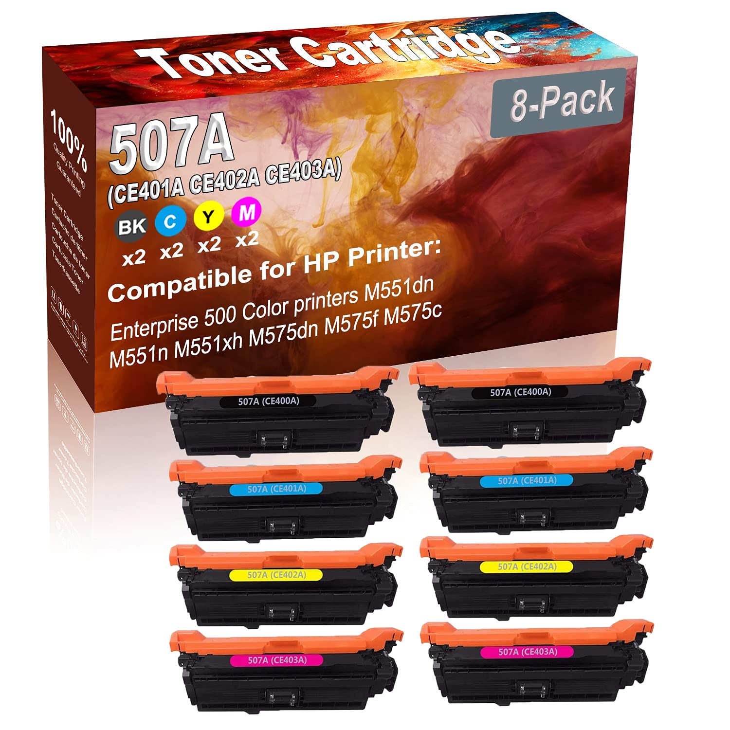 8-Pack (2BK+2C+2Y+2M) High Capacity Compatible Toner Cartridge for HP M575dn/M575f/M575c Laser Printers - Replacement for HP 507A (CE400A/CE401A/CE402A/CE403A) - Perfect for Office & Home Printing Needs