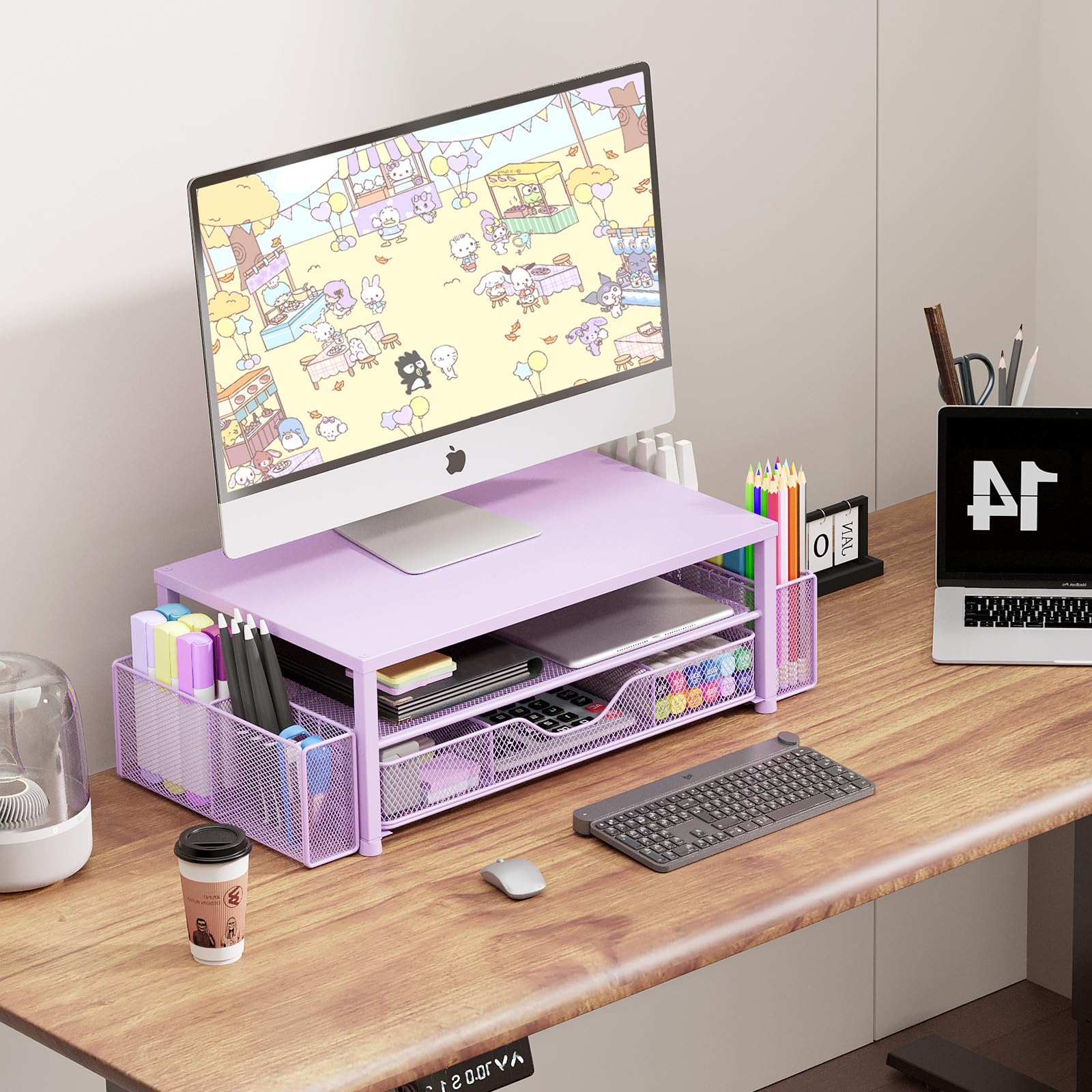 2-Tier Computer Monitor Stand with Drawer & Pen Holders - Purple Desk Organizer for Office Supplies | Workspace & Home Office Accessories | Perfect for Clutter-Free Desks & Improved Productivity