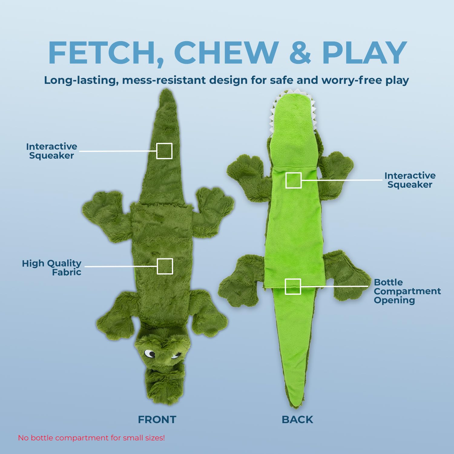 2-in-1 Squeaky Dog Toy for All Sizes - Soft No-Stuffing Chew Toy for Indoor Play with Bottle Holder (Alligator, Large) - Perfect for Teething & Playtime