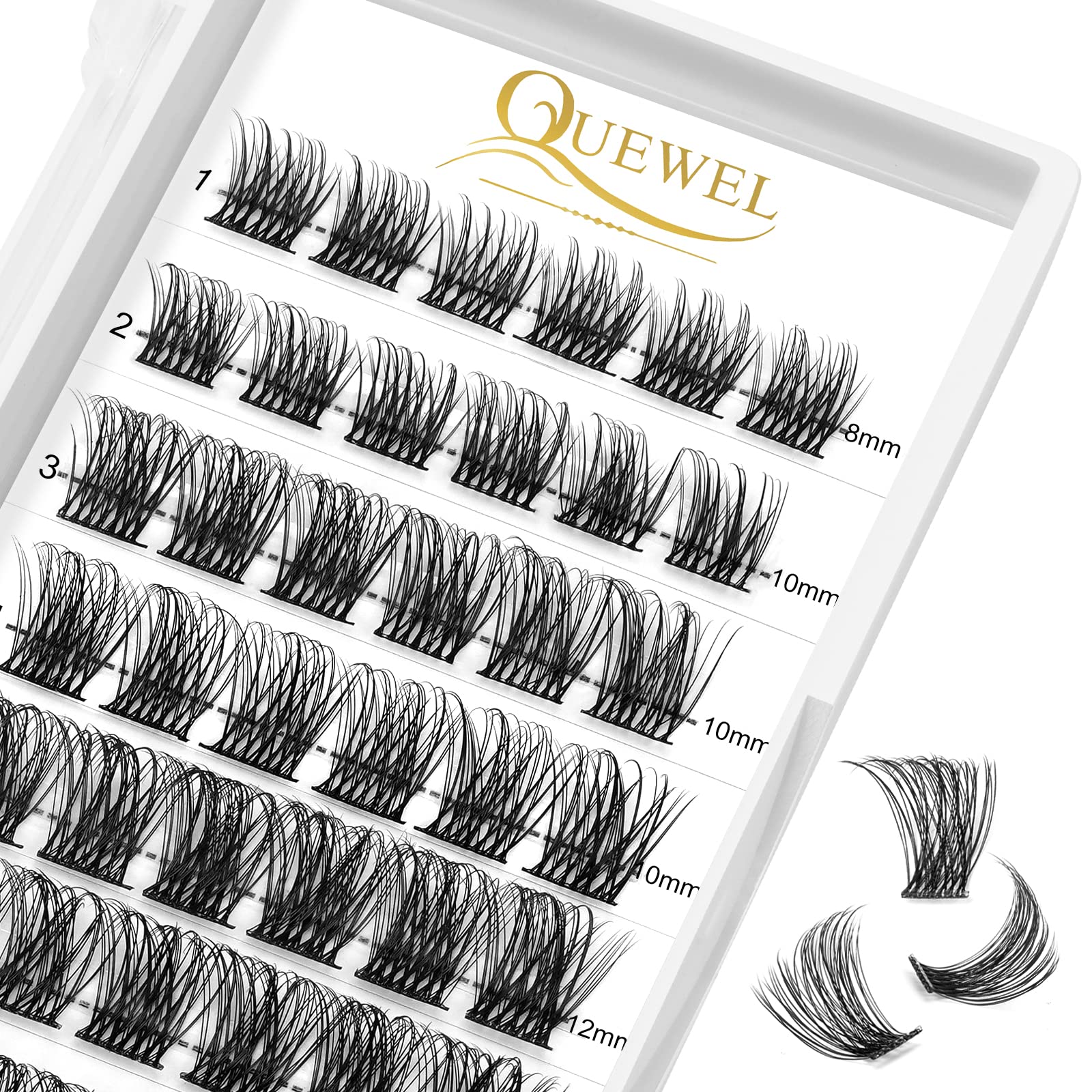 QUEWEL 72 Pcs DIY Eyelash Extension Kit - Wide Stem Cluster Lashes Mix 8-16mm, Soft & Natural False Eyelashes for Home Makeup, Salon Use, Bridal & Party Looks (QUH-S012-Mix8-16mm)