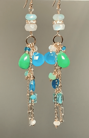 Rose Gold Long Boho Dangle Earrings with Chrysoprase, Blue Chalcedony & Moonstone - Mixed Metal Statement Jewelry for Women, Perfect for Festivals, Weddings & Boho Chic Outfits