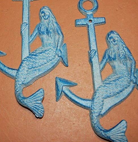 Coastal Blue Cast Iron Mermaid Coat Hooks - Pack of 4 for Nautical Bathroom & Beach House Decor | Rustic Sailor-Themed Wall Hooks for Towels, Robes & Hats