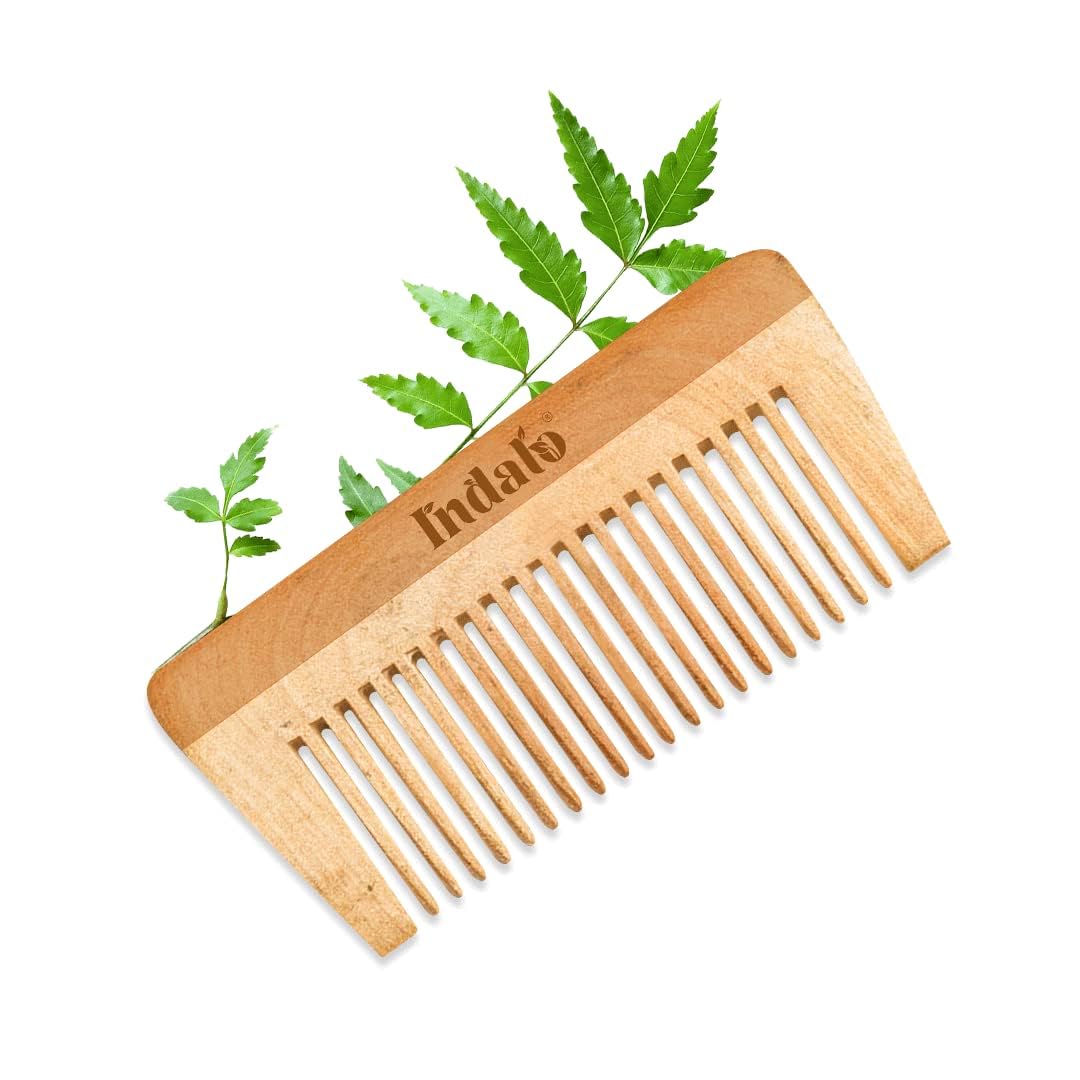 Indalo Kacchi Neem Wooden Comb for Men & Women – Natural Hair Care Comb Reduces Hair Fall, Breakage & Dandruff – Ayurvedic Wood Comb for Healthy Scalp & Shiny Hair – Perfect for Daily Hair Detangling & Scalp Massage at Home or Travel