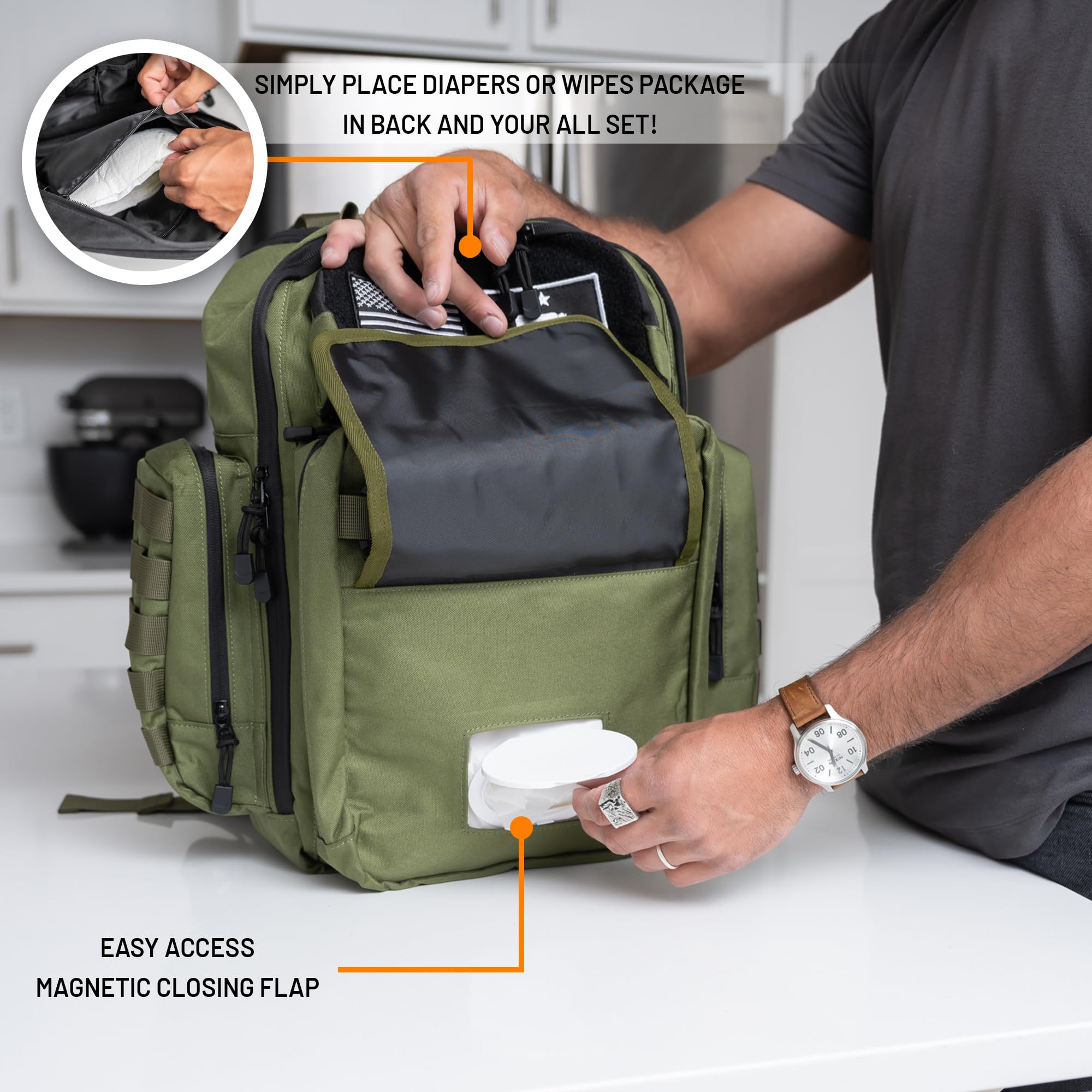 Green Dad Diaper Backpack - Military Molle-Style 900D Waterproof Polyester Baby Bag with Extra-Long Straps, Insulated Bottle Pockets, Wipes Dispenser & Dirty Diaper Pouch - Perfect for Outdoor Adventures, Travel & Everyday Parenting