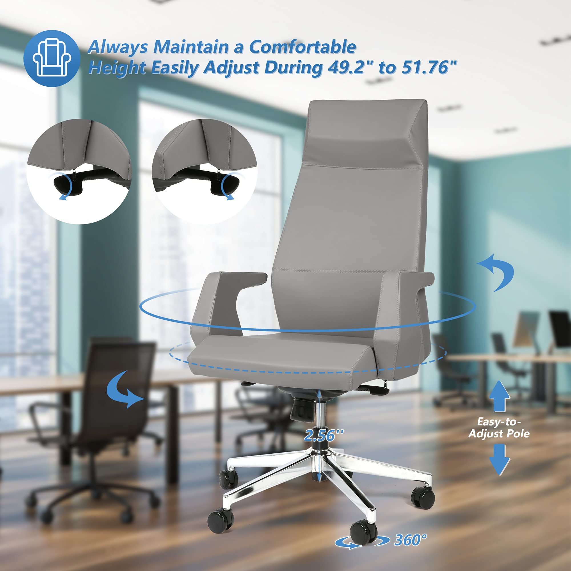 LUCKYERMORE Ergonomic High Back Office Chair - Adjustable Height Swivel PU Leather Desk Chair with Thick Cushion & Tilt Function, Easy Assembly, Grey - Perfect for Home Office, Gaming & Workspace Comfort