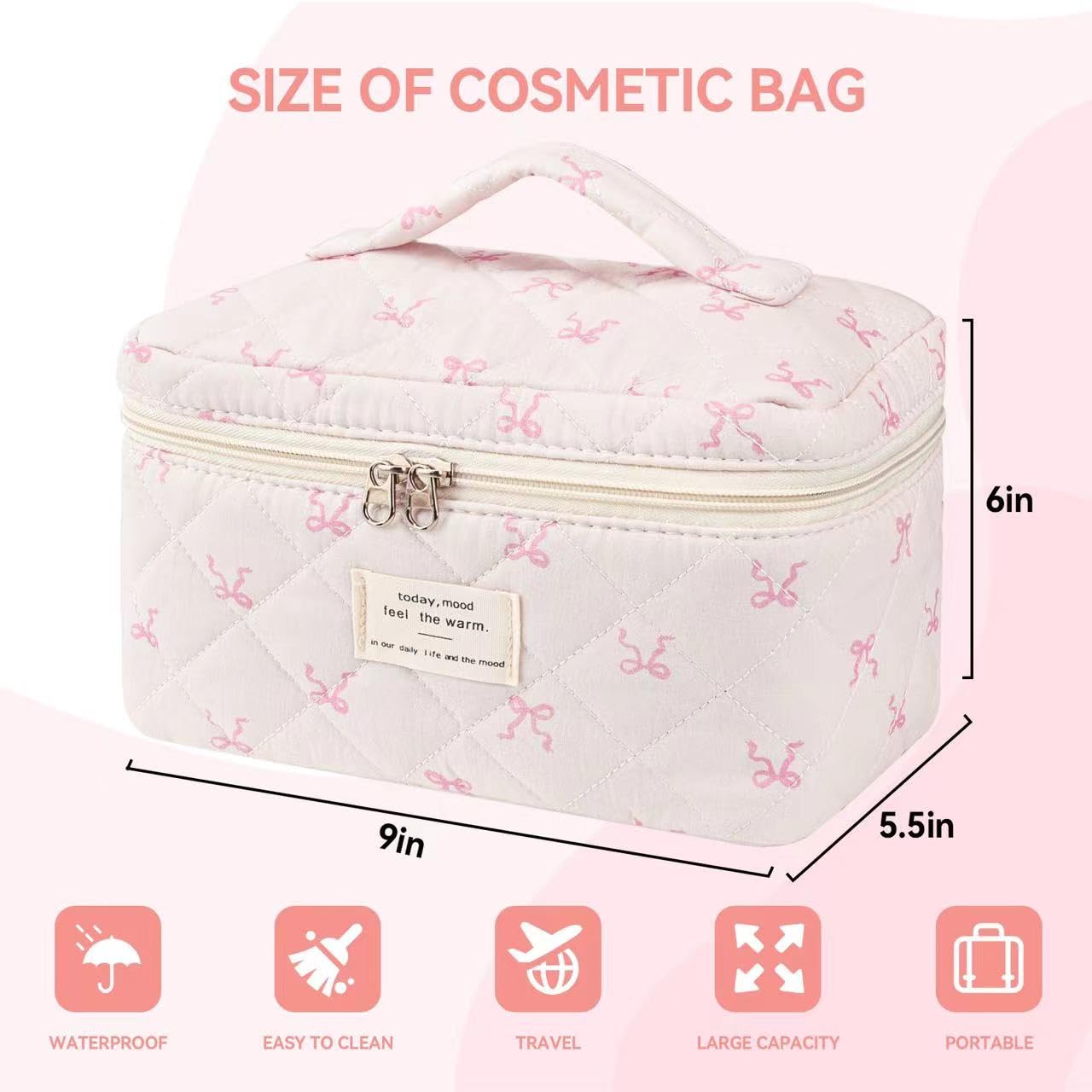 Large Travel Quilted Makeup Bag with Cute Bow - Cotton Cosmetic Organizer for Women & Girls | Floral Coquette Aesthetic Toiletry Pouch | Perfect for Travel, Gym, and Everyday Use