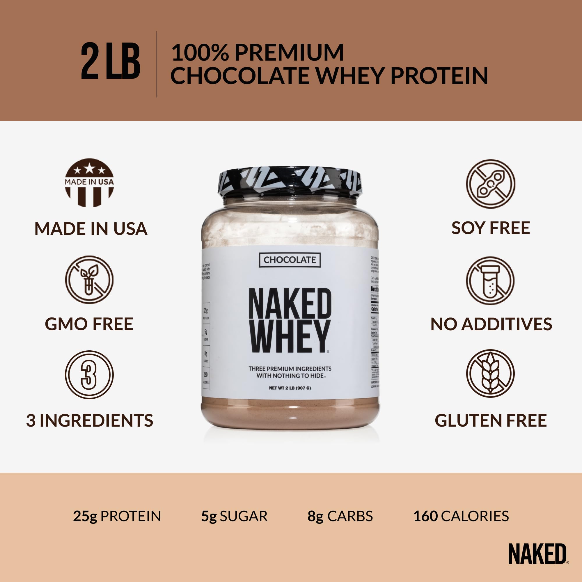 Naked Whey Chocolate Protein Powder - Grass Fed, Organic, Non-GMO, Soy & Gluten Free - Only 3 Ingredients (Whey, Organic Chocolate, Coconut Sugar) - 24 Servings for Post-Workout Recovery & Healthy Smoothies