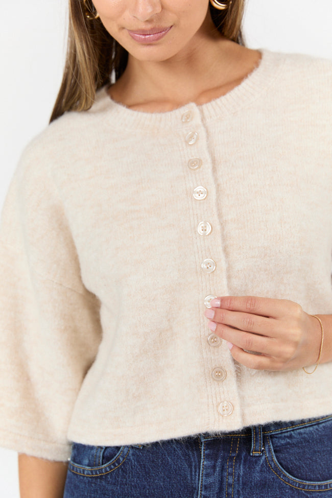 Beige Short Sleeve Crop Cardigan - Soft Summer Knit Sweater for Women | Perfect for Casual Outfits, Beach Cover-ups & Layering