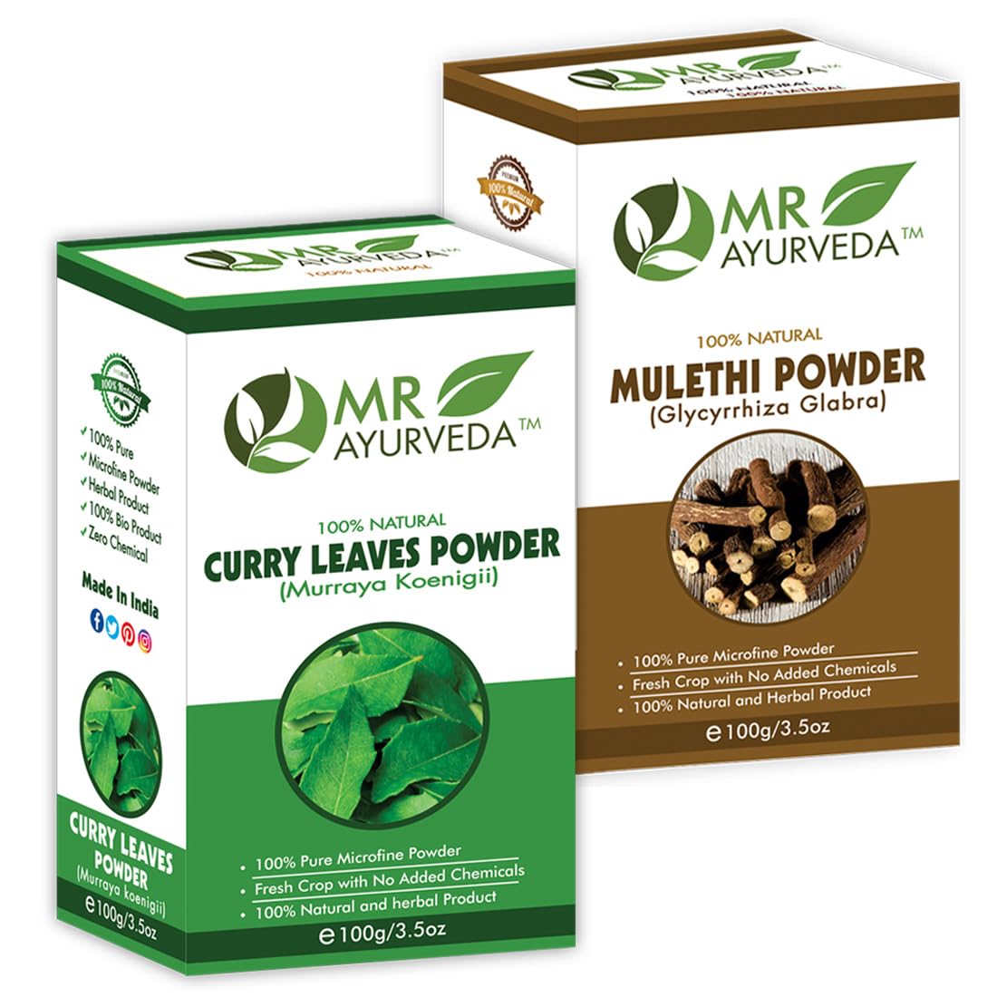 MR Ayurveda 100% Pure Curry Leaves Powder & Mulethi Powder - 2 Pack (200g) | Organic Herbal Supplement for Hair Growth, Digestion & Skin Care | Perfect for Cooking, Tea & Ayurvedic Remedies