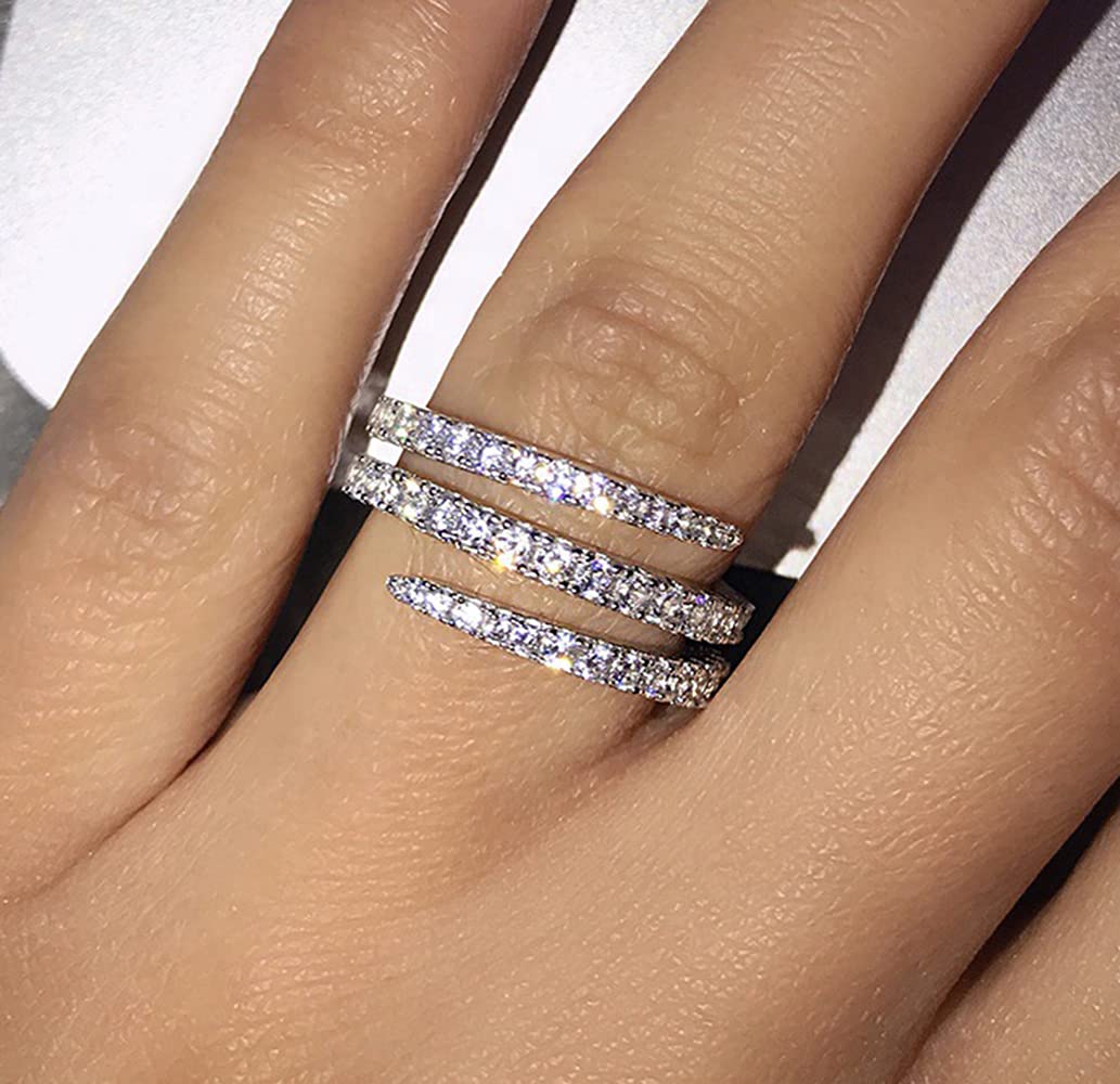 925 Sterling Silver Shiny Full Diamond Ring for Women - Three Row Cubic Zirconia Cocktail Ring | Elegant CZ Diamond Eternity Band Jewelry Gift | Perfect for Engagement, Wedding, Anniversary, Valentine's Day & Birthday | Great for Date Night, Party, Formal Events & Everyday Luxury Wear | Stylish for Office, Dinner Date & Special Occasions