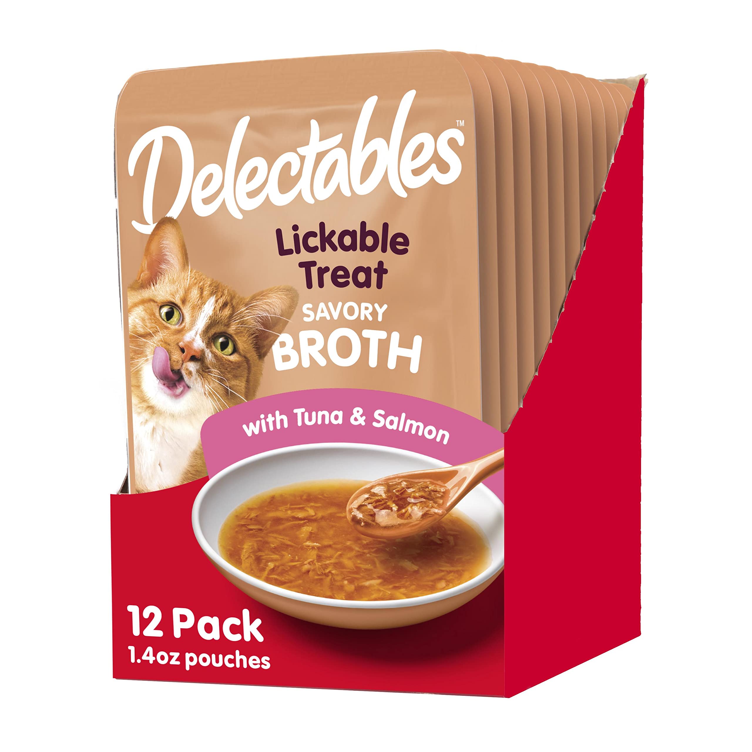 Hartz Delectables Savory Broths Tuna & Salmon Lickable Wet Cat Treats - 12 Pack | High-Protein Cat Snacks for Hydration & Flavor | Perfect for Picky Eaters, Senior Cats & Treat Training