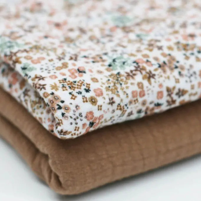 Love Flower Beige Double Gauze Fabric - Soft Breathable Material for DIY Dresses, Baby Clothes & Home Decor Projects