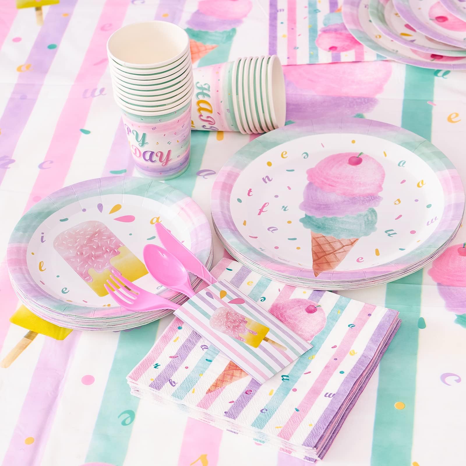**WERNNSAI 153PCS Pink Ice Cream Party Supplies Set - Birthday Decorations for Girls with Banner, Balloons, Tablecloth, Plates, Cups, Napkins, Cutlery & Utensils (Serves 16 Guests) - Perfect for Summer Parties, Baby Showers & Birthday Celebrations**