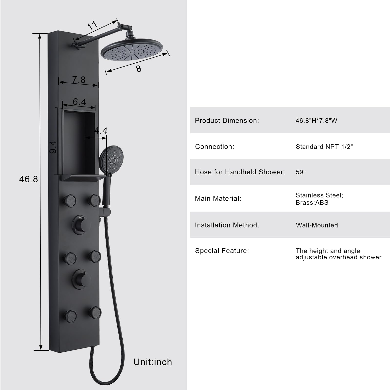 Premium Stainless Steel Shower Panel Tower System with Adjustable Height Rainfall Shower Head, 6 Body Massage Jets & Built-in Shelf - Modern Black Bathroom Shower Column for Spa-like Relaxation (Perfect for Master Bathrooms, Luxury Home Renovations & Hotel Style Showers)