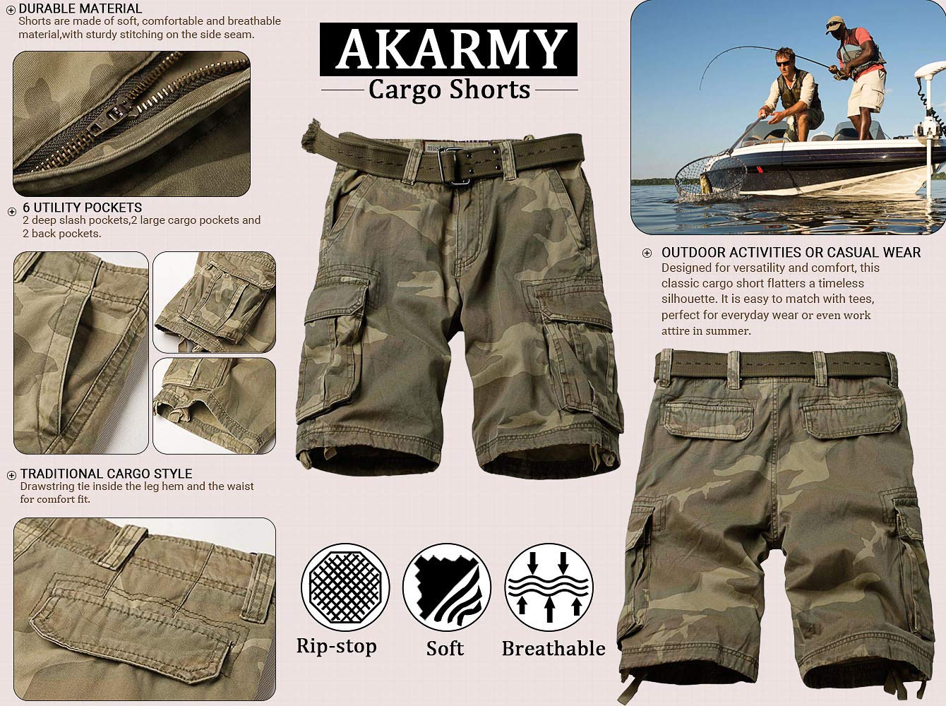 AKARMY Men's Camo Cargo Shorts - Outdoor Tactical Cotton Shorts with Multiple Pockets, No Belt Needed | Perfect for Hiking, Camping, and Casual Wear