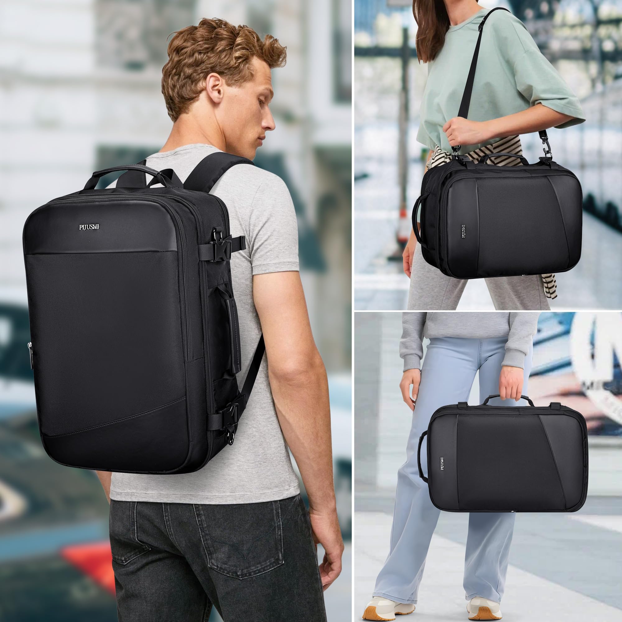 PIJUSHI Large Flight Approved Carry-On Travel Backpack for Women & Men with USB Charging Port - Fits 16 Inch Laptop (PE035 Black) - Perfect for Air Travel, Business Trips & Daily Commute