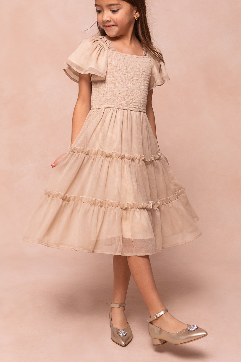 Elegant Mini Ellie Dress in Champagne Chiffon - Perfect for Weddings, Parties & Special Occasions