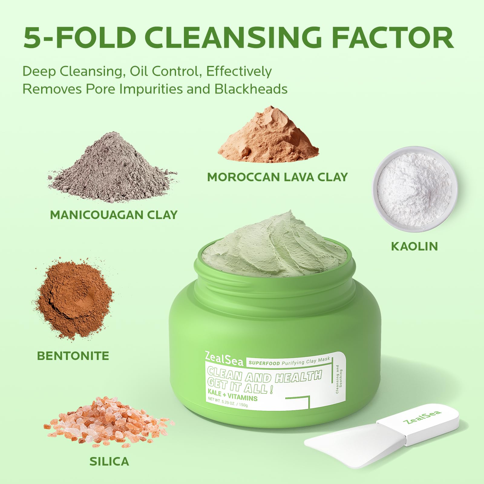 ZealSea Superfood Purifying Clay Mask with Kale & Vitamin C/E - Anti-Acne, Pore Tightening, Brightening Facial Mask for Detox & Nourishment (150g) - Perfect for Spa Nights & Self-Care Routines