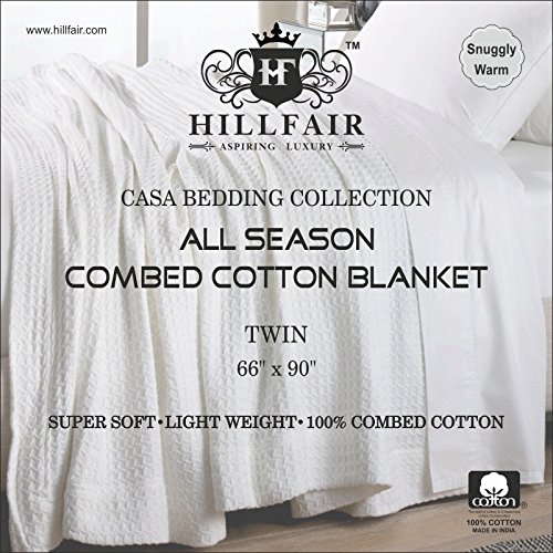 HILLFAIR 100% Premium Soft Combed Cotton Thermal Blanket - Twin Size, Ultra Cozy & Warm, All-Season Bed Throw Blanket for Couch, Sofa & Bed - Grey Twin Cotton Blanket for Home, Office & Travel
