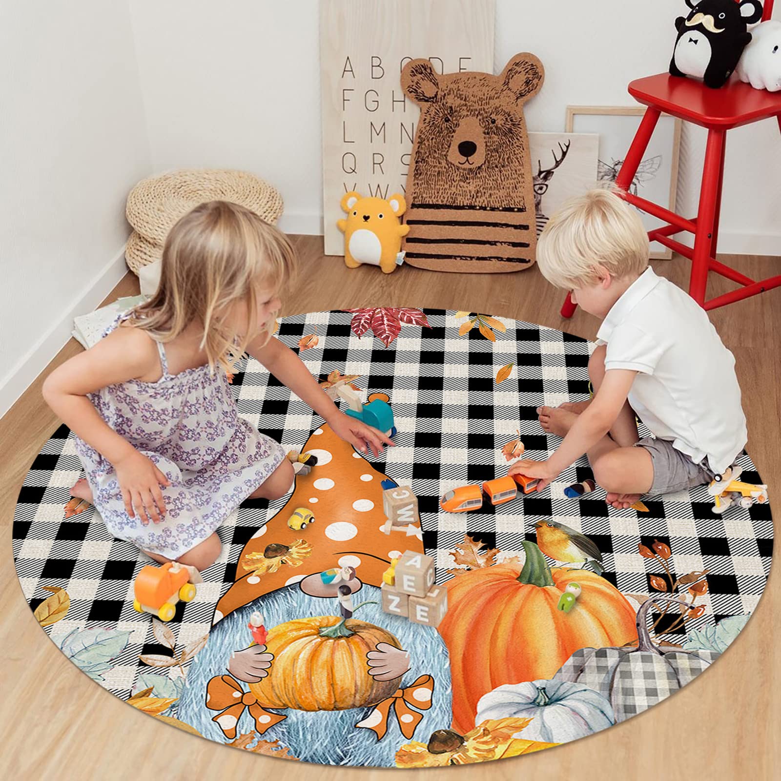 6ft Thanksgiving Round Washable Area Rug - Indoor Carpet for Bedroom, Kitchen, Bathroom, Living Room, Dining Room, Laundry Room & Office - Large Door Mat with Gnomes, Pumpkins, Leaves & Plaid Design - Perfect for Fall Decor, Home Warming Gifts & Holiday Gatherings