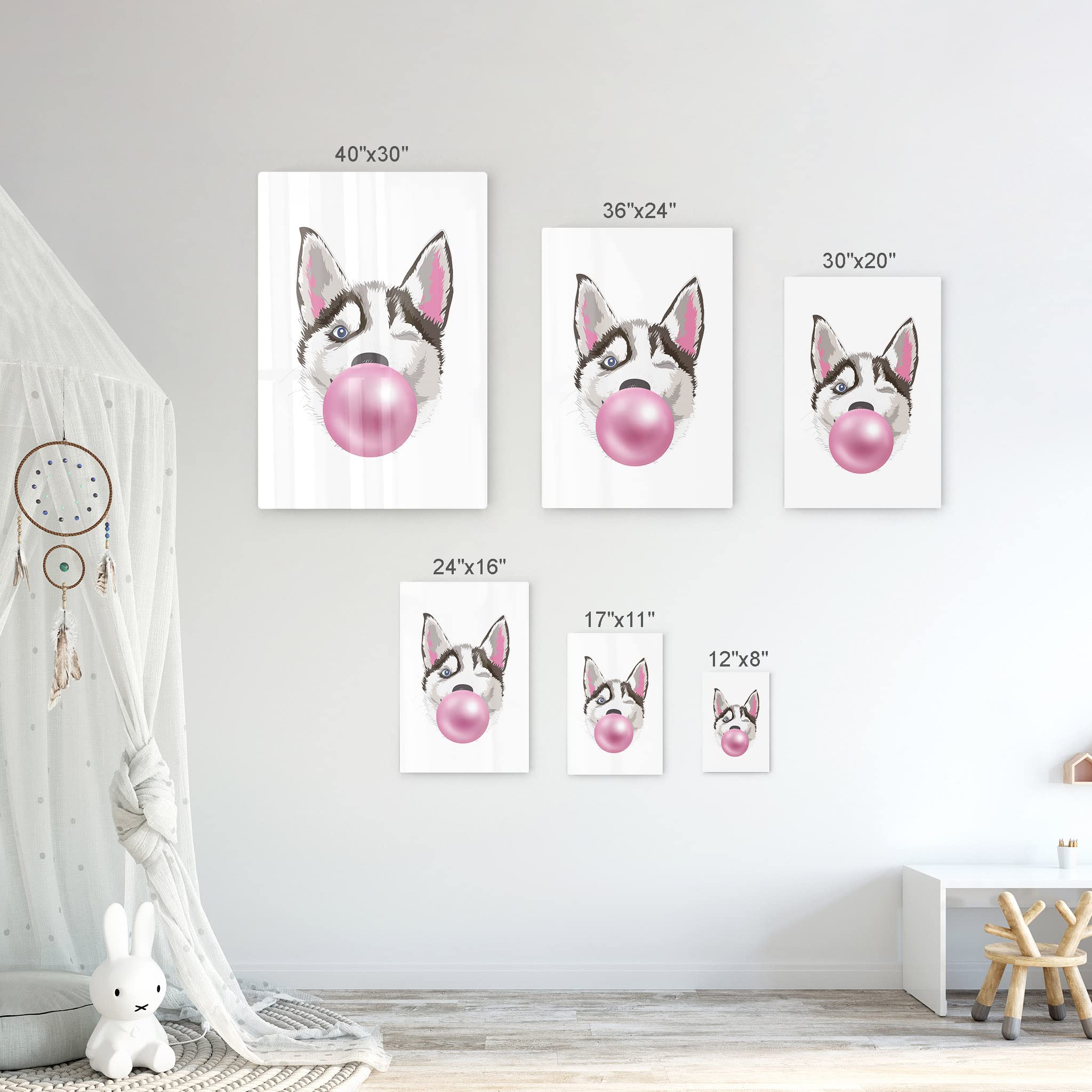 Smile Art Design Husky Dog Chewing Pink Bubble Gum Metal Wall Art Print - Pet Lover Gift, Animal Pop Art Decor for Office, Living Room, Bedroom, Nursery (40x30 inches) - Perfect for Dog Lovers & Home Decor