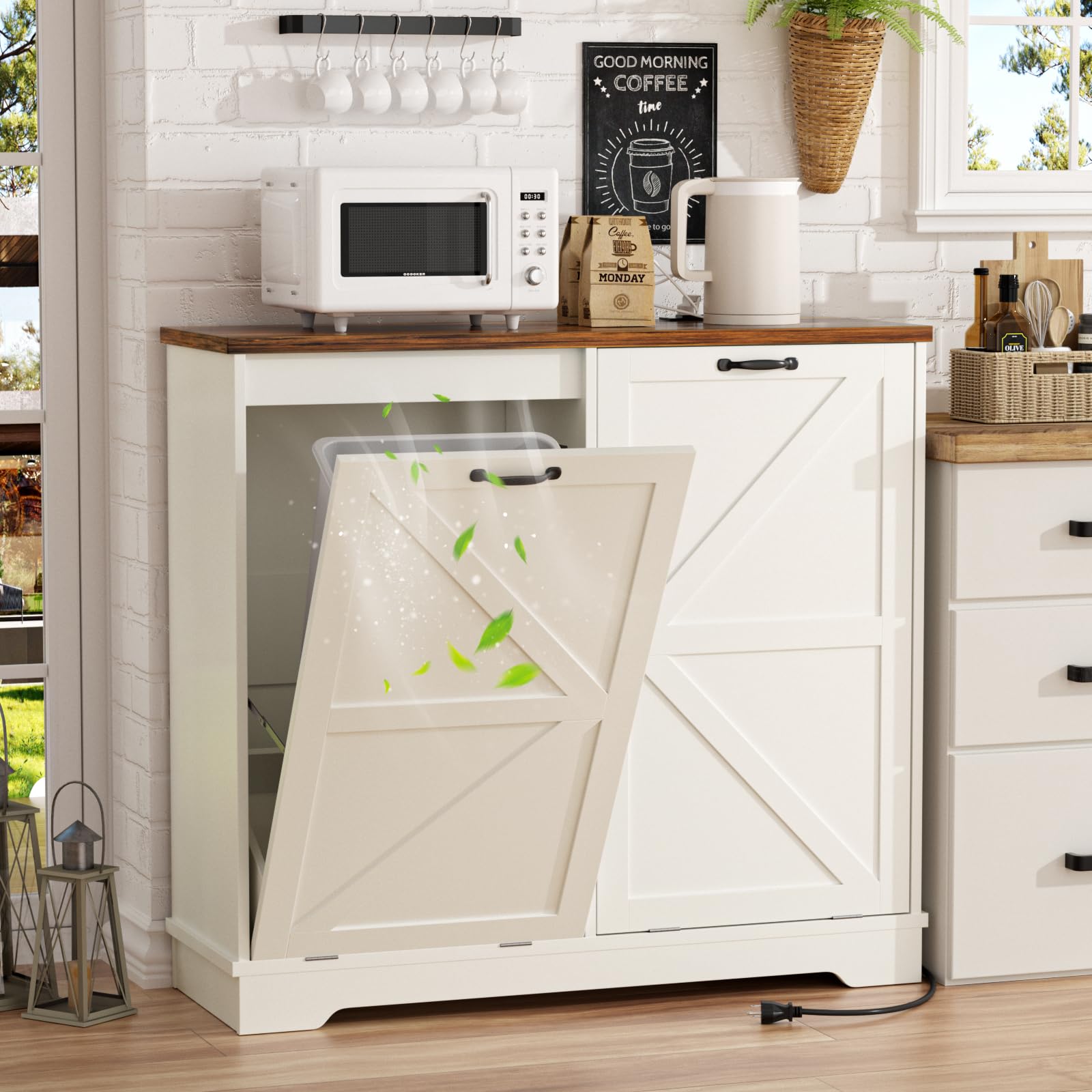 13 Gallon Double Tilt Out Trash Can Cabinet with Deodorizer - Farmhouse Style Hidden Garbage Bin Storage for Kitchen & Living Room - White Wooden Waste Bin Cabinet for Home Organization