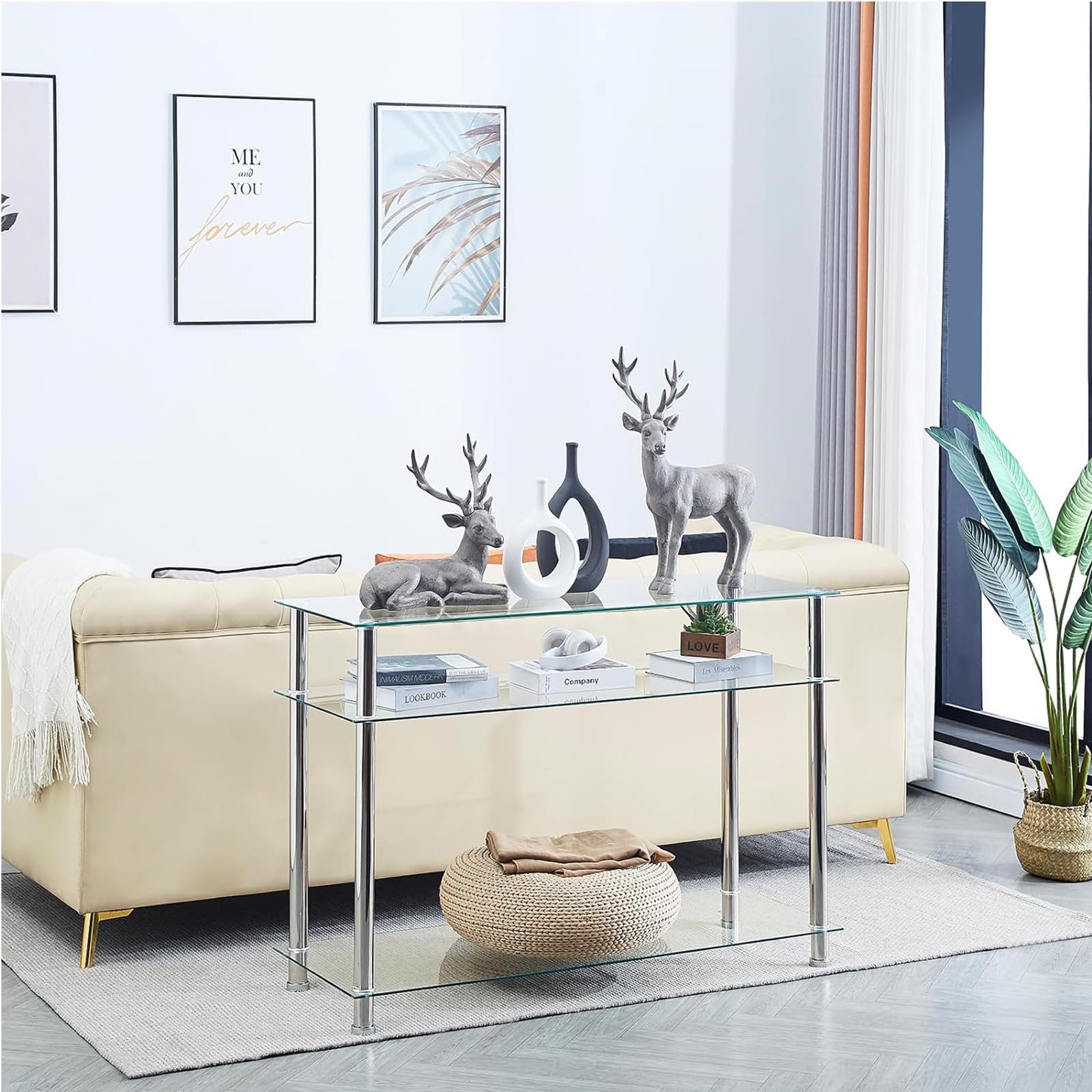 Rustic Brown & Black Glass Console Table with Storage Shelves - Entryway Sofa Table for Hallway, Living Room, Bedroom - Sturdy Metal Frame & Easy Assembly (Clear) - Perfect for Home Decor, Small Space Organization & Stylish Display