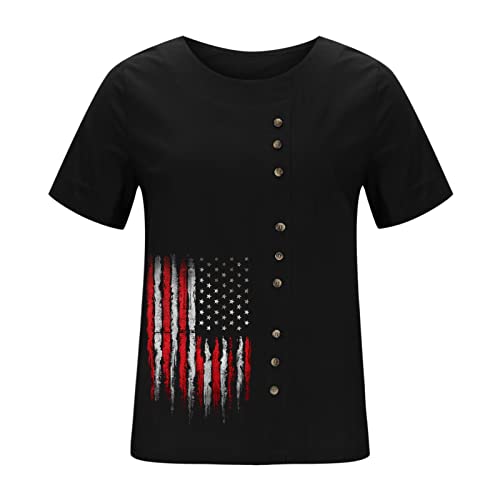 Women's Summer Short Sleeve Floral Print Linen T-Shirt - Crew Neck Casual Blouse Top (Black, Small) | Perfect for Beach Outings, Picnics & Summer Vacations