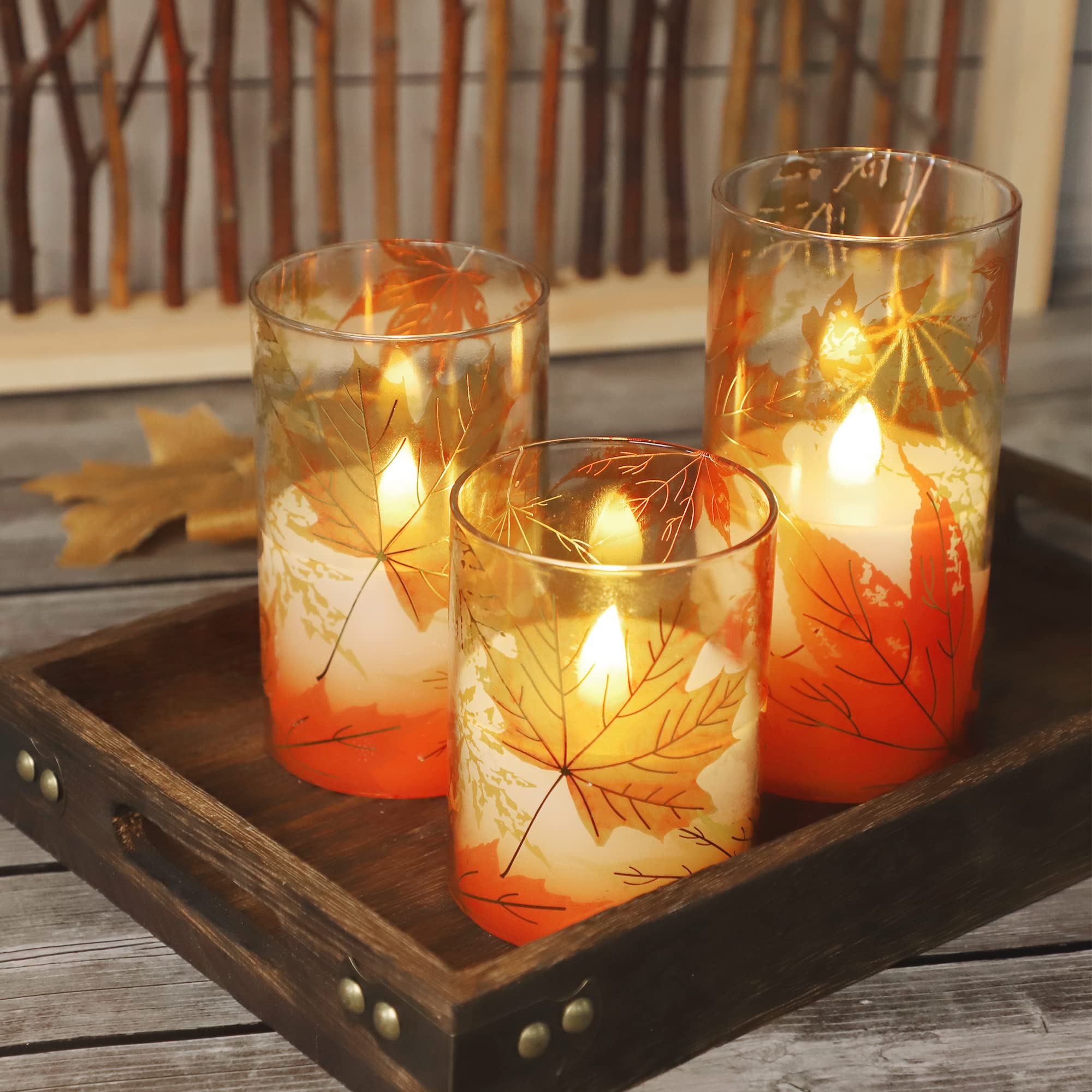 Realistic Flameless LED Candles with Remote & Timer - Battery Operated Thanksgiving Decor, Gold-Red Maple Leaf Wax Candles for Bedroom, Home, Table Centerpiece | Perfect for Holiday Gifts, Romantic Dinners & Cozy Ambiance