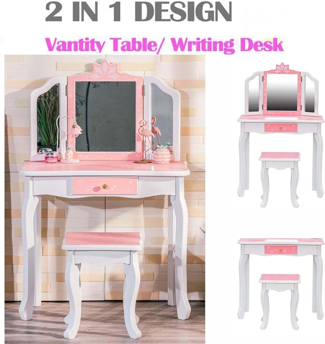 GAOMON Kids Vanity Table with Tri-Folding Mirror, Stool & Drawer - 2-in-1 Wooden Princess Makeup Desk & Dressing Table for Toddlers - Pretend Play Vanity Set for Girls (Perfect for Birthday Gifts, Bedroom Decor & Role Play Activities)