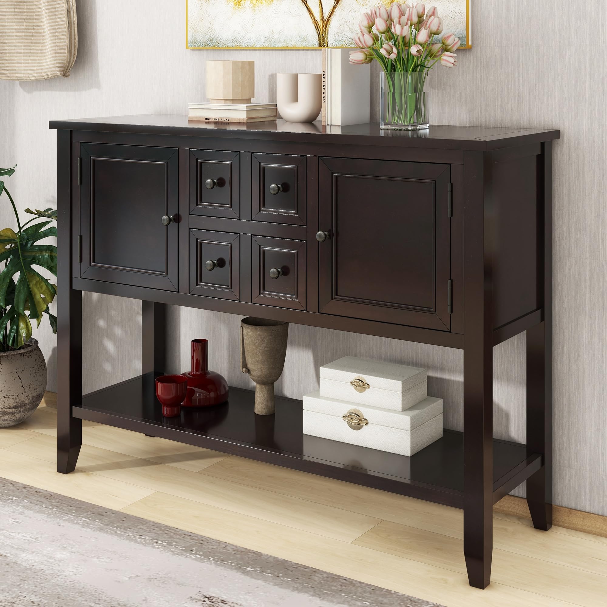 LZ LEISURE ZONE Retro Style Wooden Console Table with Storage Shelf & Drawers - Espresso Buffet Sideboard for Living Room, Kitchen, Entryway - Perfect for Home Decor, Hallway Storage & Small Space Organization