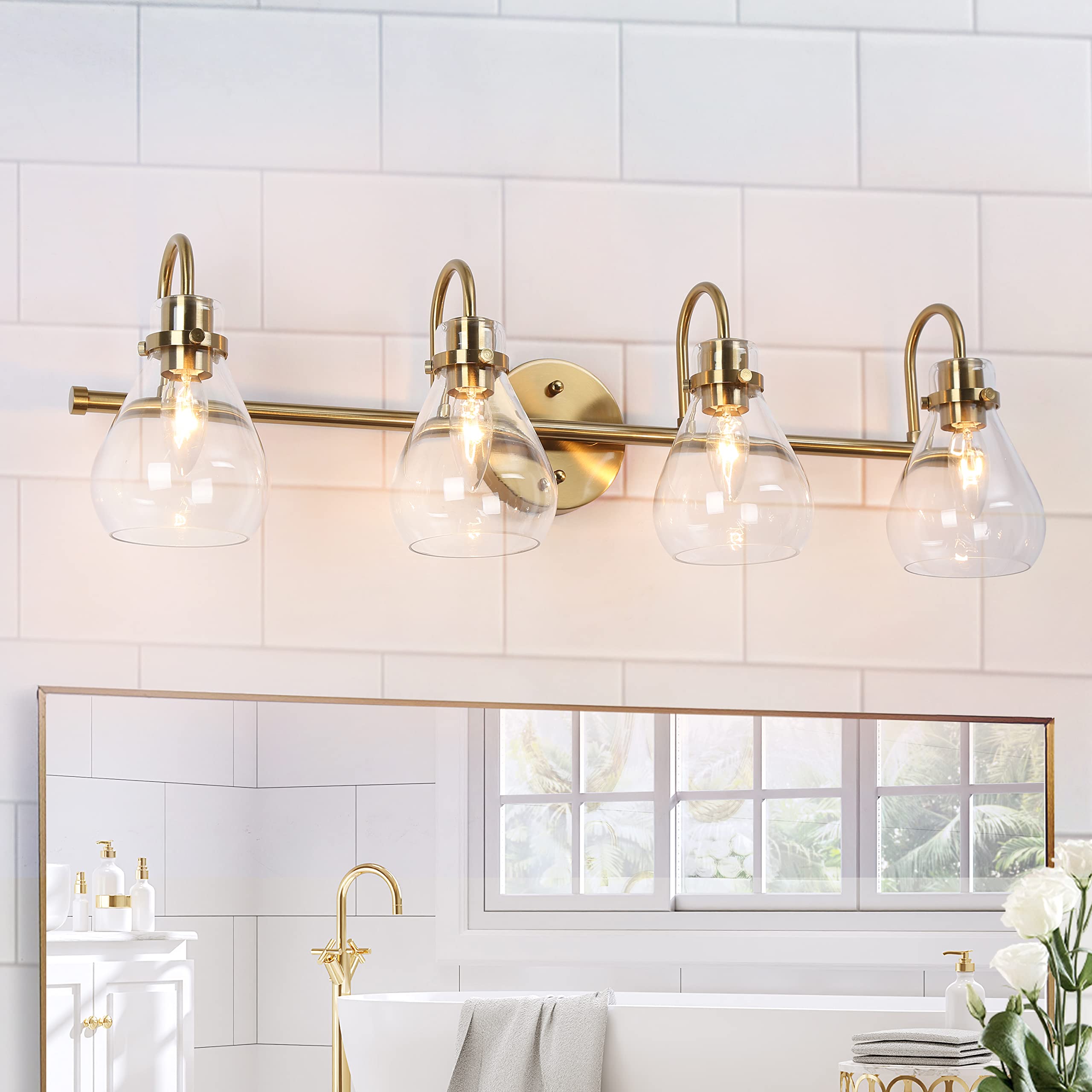 Modern Gold Bathroom Vanity Light Fixture - 4 Clear Decanter Glass Shades, Electroplated Brass Finish, 31.5”W x 8.5”H - Perfect for Bathroom, Dressing Room, Bedroom & Powder Room Lighting Decor
