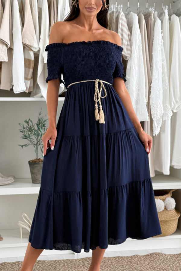Elegant Solid Color Off-the-Shoulder Pleated Waist Midi Dress for Women - Perfect for Summer Parties, Beach Vacations & Date Nights
