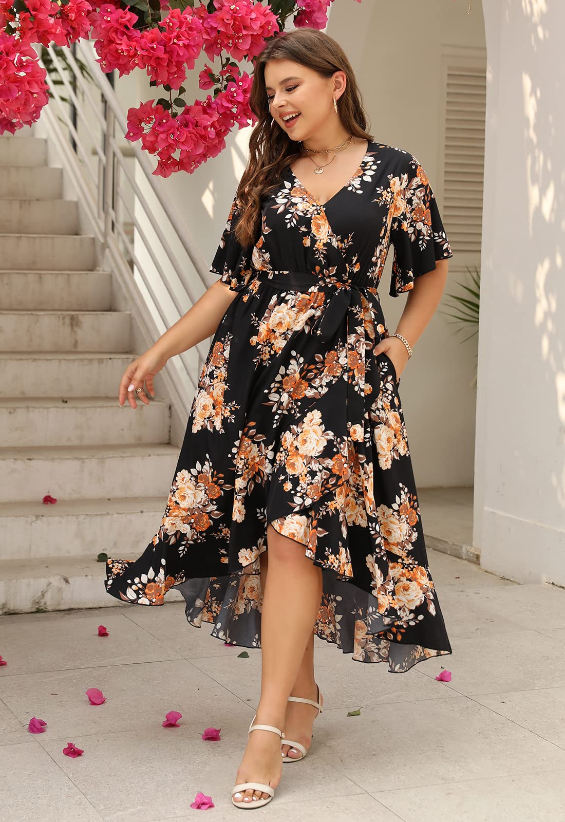 Keluummi Plus Size Wedding Guest Maxi Dress for Women - Flowy Boho Floral Wrap Dress with Sleeves & Pockets | Summer Casual Church, Garden Party & Beach Wedding Attire